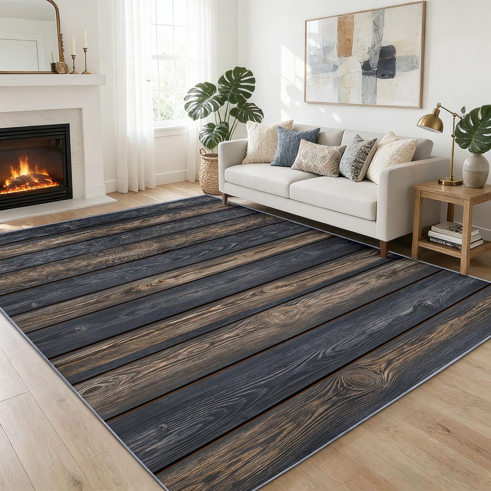 Tapis de salon antidérapant et lavable à motif grain de bois naturel moderne 120x170