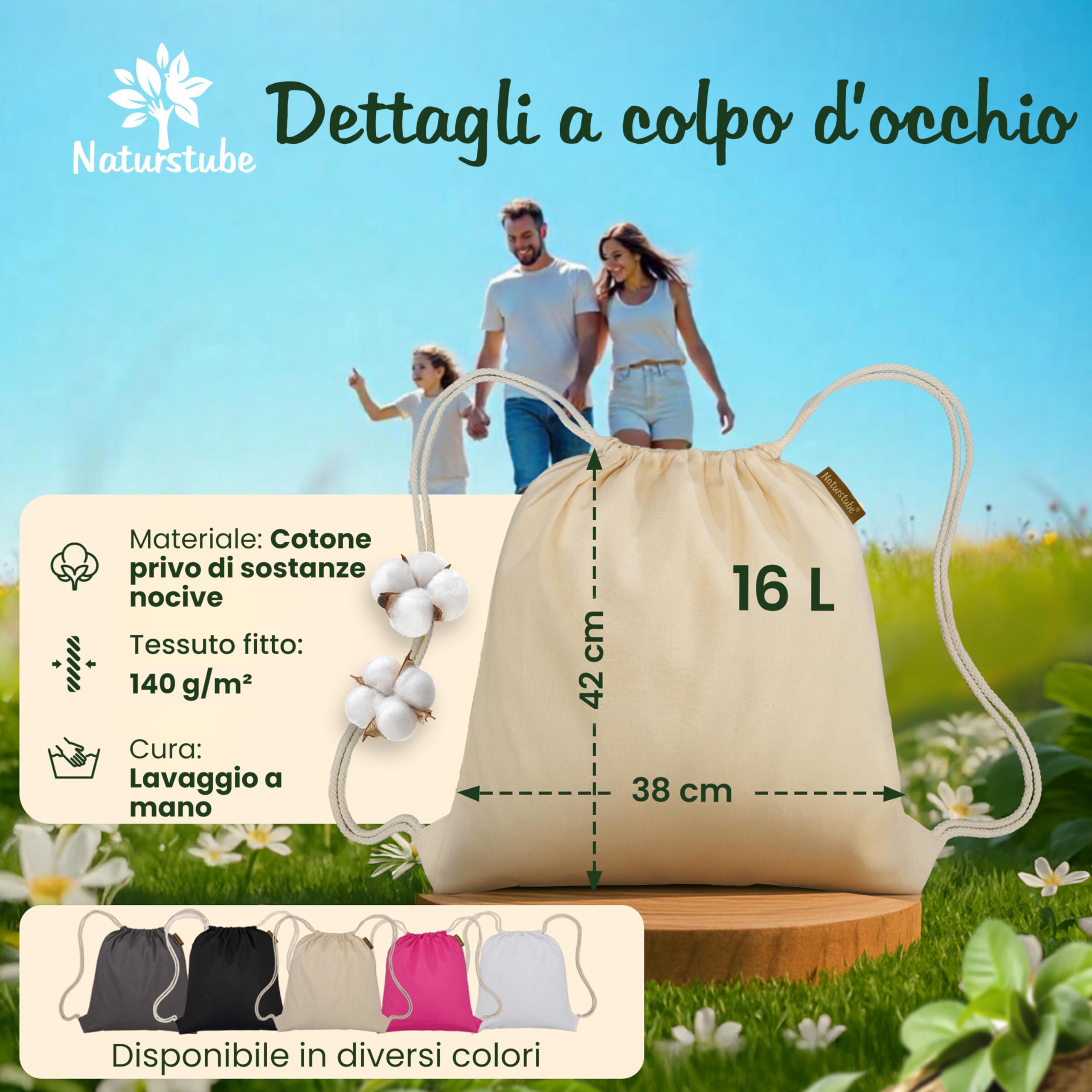 Sacca Sportiva in Cotone Naturale (10 Pezzi, 38 x 42 cm) Oeko-TEX® | Zaino Sacca con Coulisse da Palestra, Mare e Spiaggia | Sacchetta Porta Scarpe per Uomo, Donna e Bambini