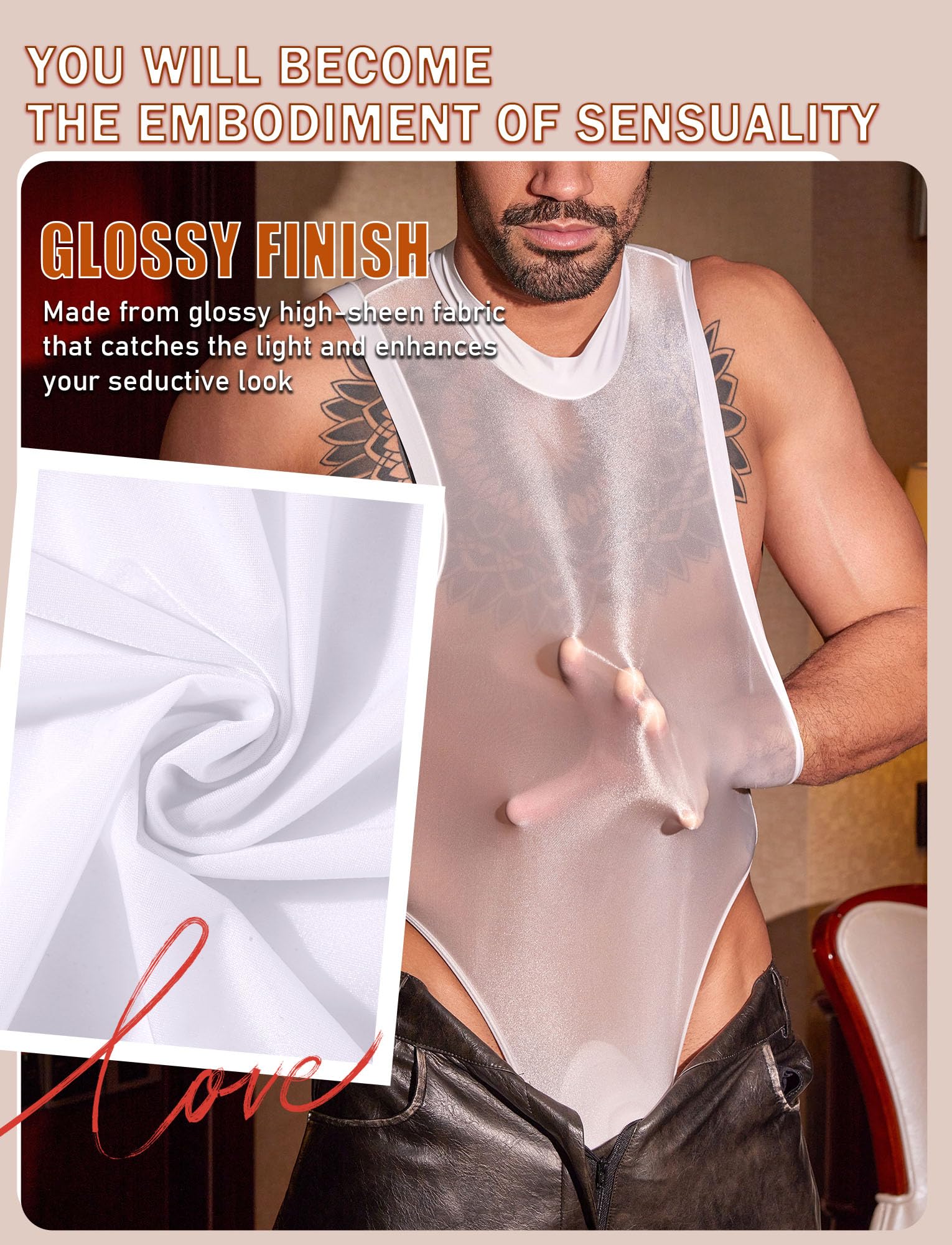 Body de una pieza para hombre, sin mangas, de corte alto, brillante, superelástico, muscular, de una sola pieza