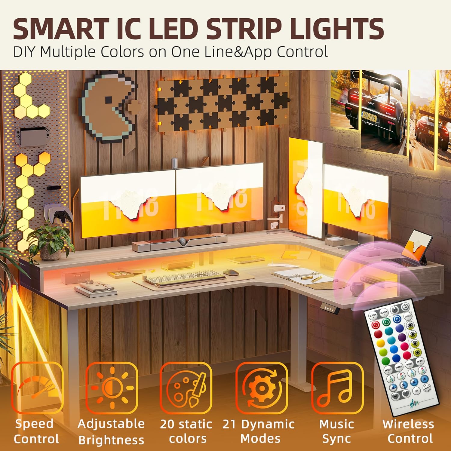 Detailed view of desk components including desktop panels, legs, and hardware