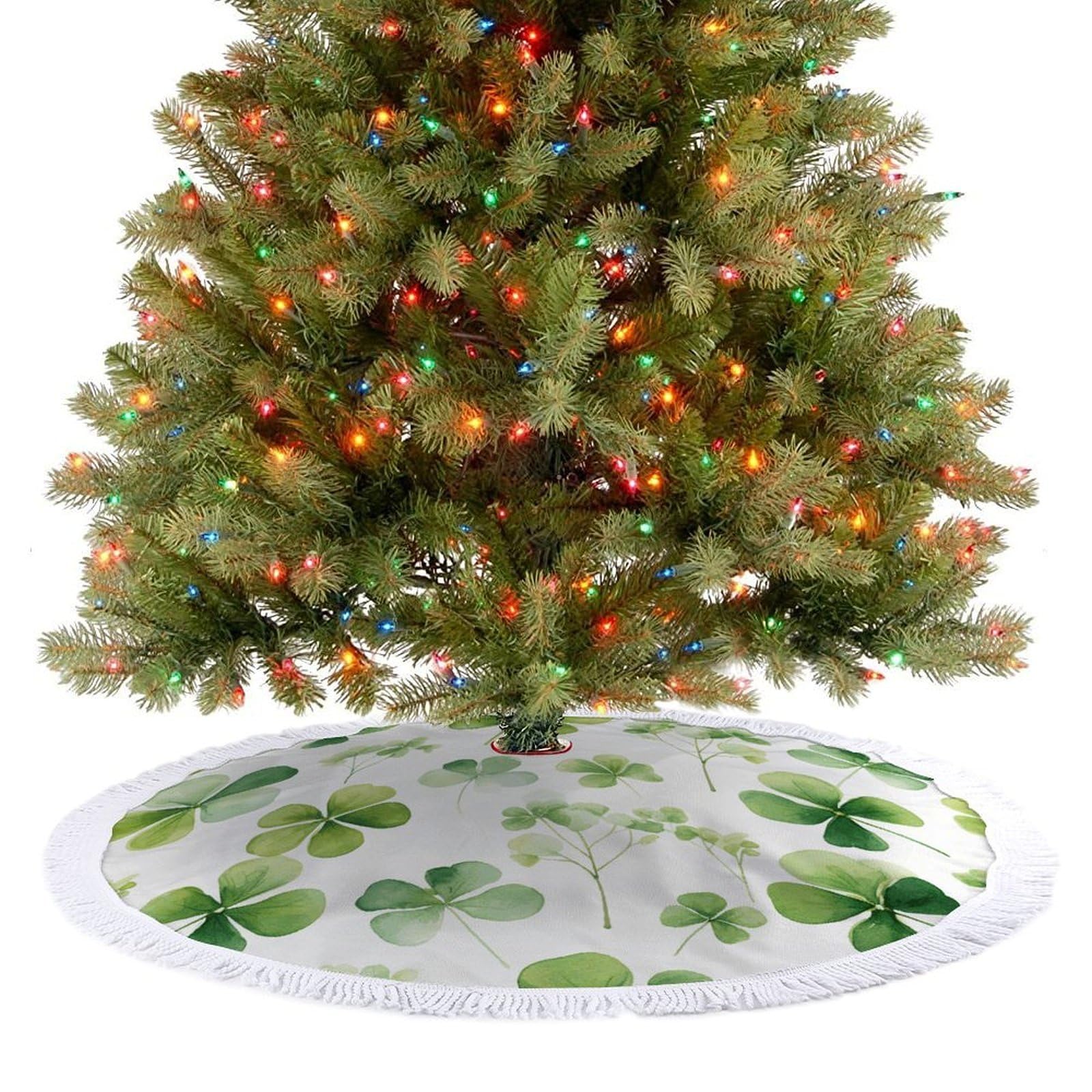 Clover Christmas Tree Skirt 30"x30" Rustic Xmas Tree Mat with Tassel Ornament Christmas Trees Cover Skirt Mat for Evergreen Trees Ornament Winter Holiday Mats Decorations