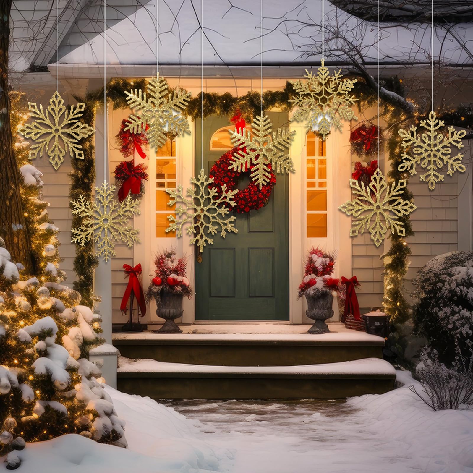 Sratte Lot de 24 flocons de neige géants à paillettes de 40,6 cm - 6 motifs - Décoration de Noël à suspendre - Flocons de neige avec fil en nylon (doré)