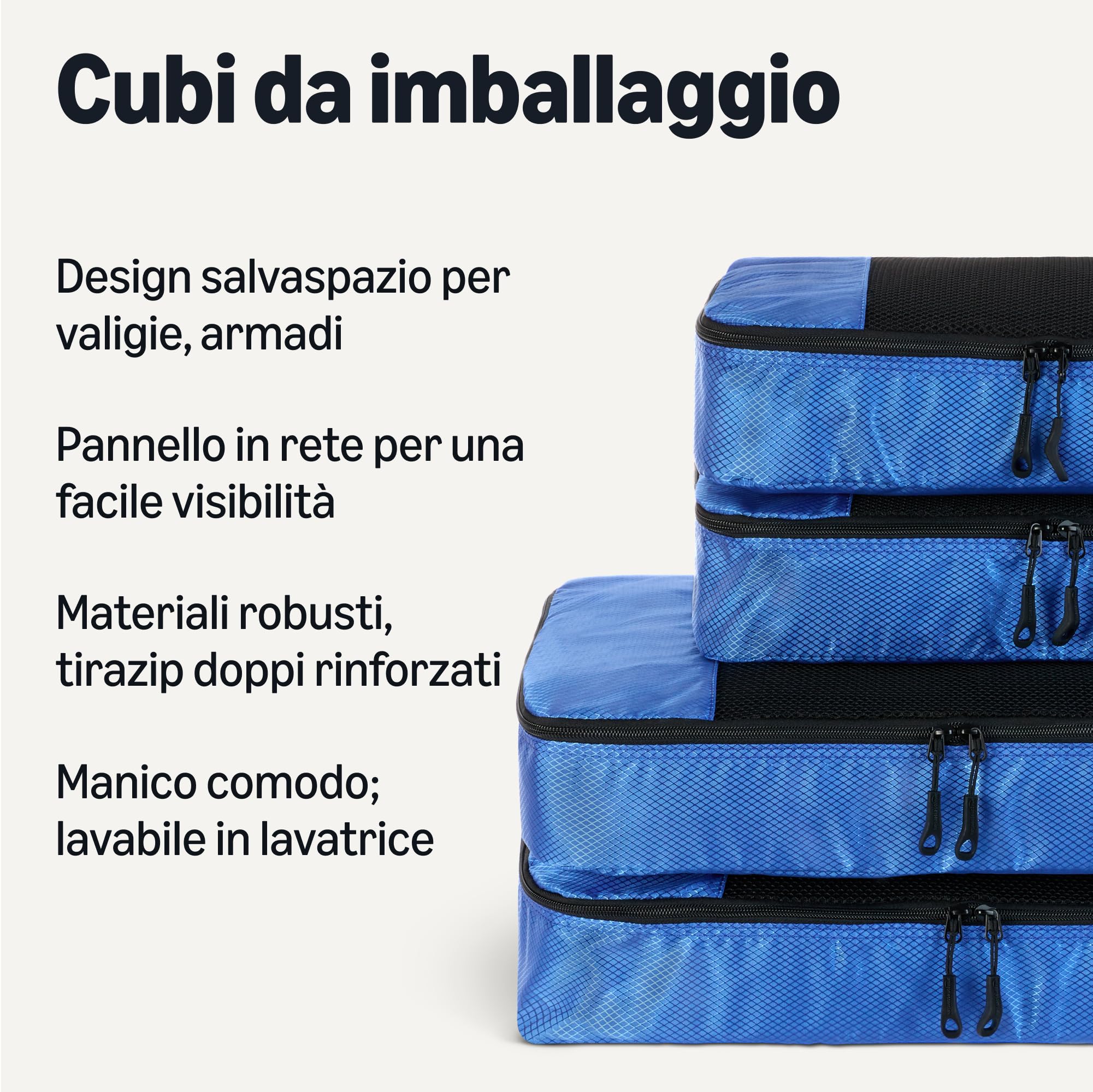 Amazon Essentials, Set di 4 Packing Cube, Accessori da Viaggio, Organizer per Bagagli con Doppia Cerniera, Parte Superiore in Rete, Poliestere, 2 Medium/2 Large, Blu (in Precedenza Amazon Basics)