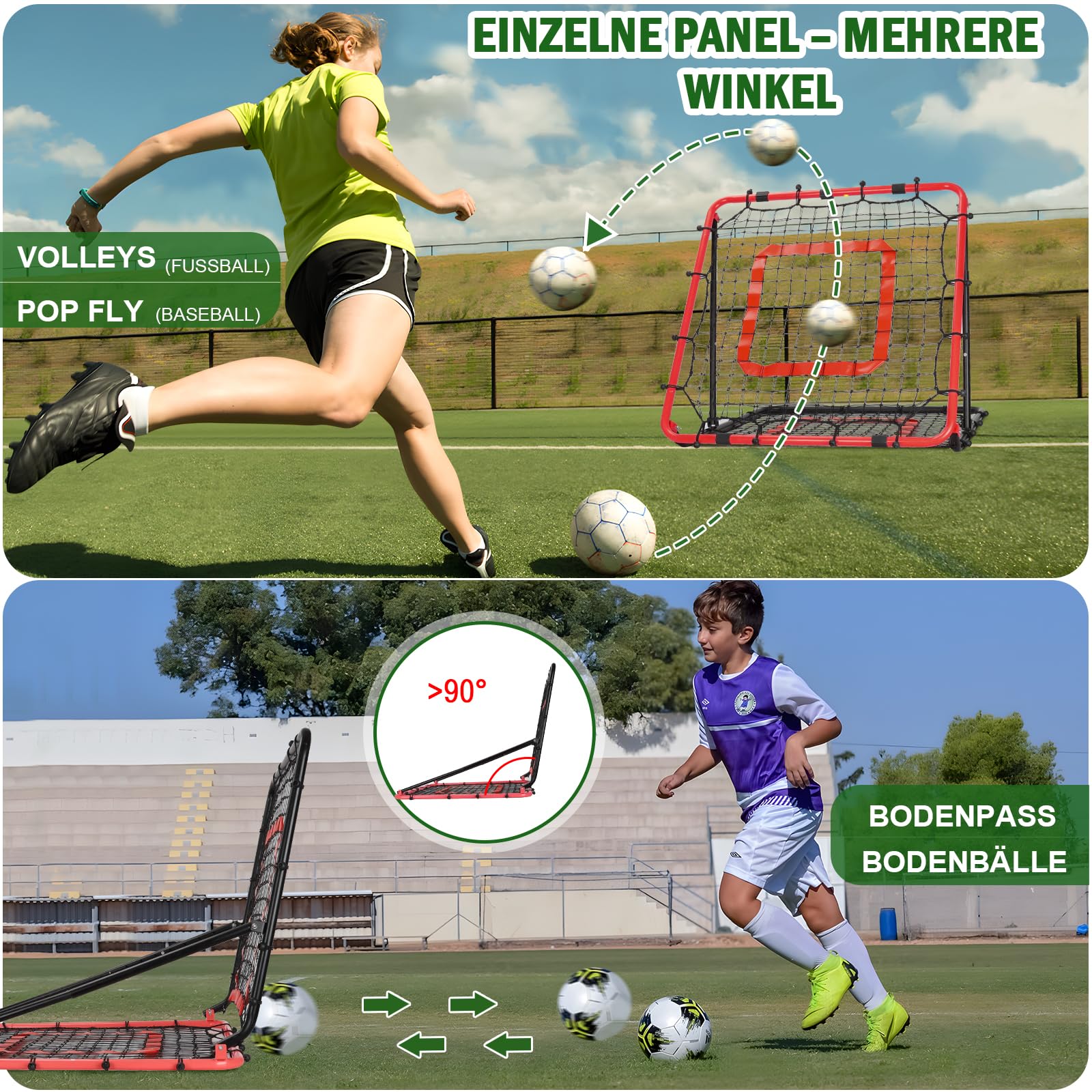 Rebounder für Fußball 85x85cm, Fußball Rebounder, Verstellbar mit 8 Winkeln, Doppellagiges Netz, Geeignet für das Ausübung Verschiedener Ballsportarten, Ideal für Teenager & Erwachsene