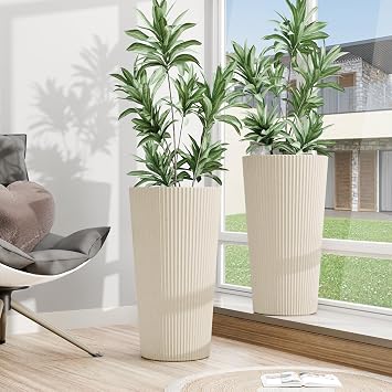 Tall Outdoor Planter Front Porch Decor Set of 2-23.6" H Tall Planters for Outdoor Plants with Drainage Hole, Round Conical Design Flower Pots for Indoor/Patio/Garden, Off-White