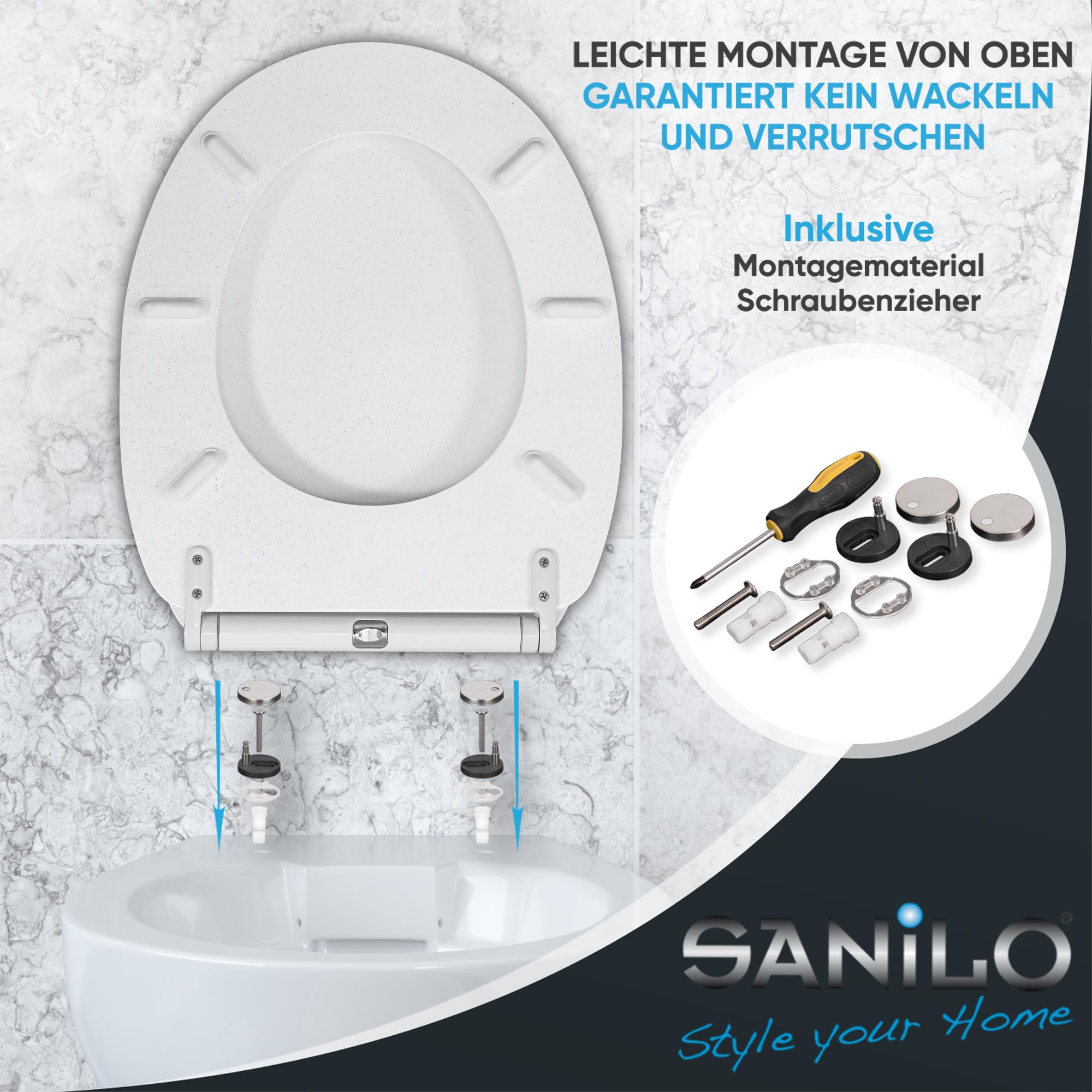 Sanilo WC Sitz mit Absenkautomatik & Quick-Release aus Holz, Glitzer Weiß
