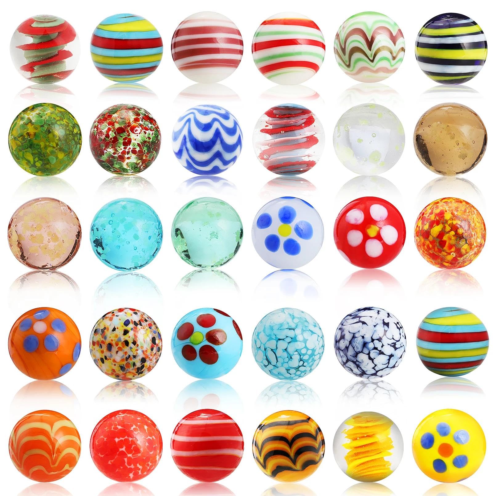 Lot de 30 Billes en Verre pour Enfants - 25 Colorées et 5 Phosphorescentes à Pois pour Décoration ou Jeu (15 mm)