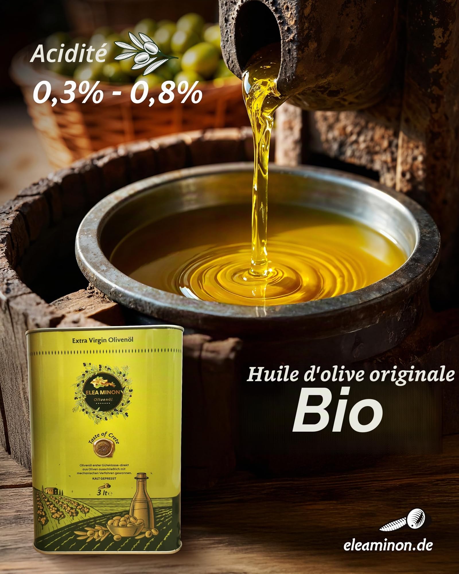 Elea Minon Huile d'olive extra vierge – 0,75 l / 3 l / 5 l – Pressée à froid de Crète, 100 % pure huile d'olive grecque de qualité supérieure, première pression à froid, fruitée douce, bidon en métal