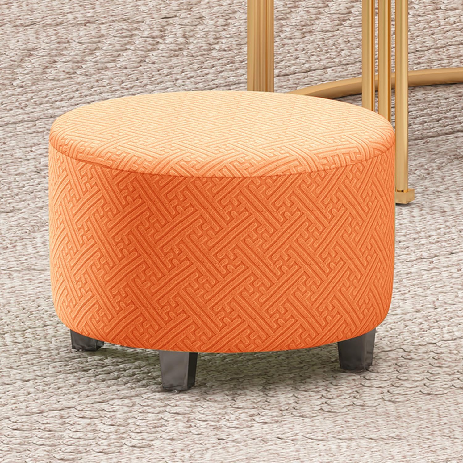 Orange,M, Stretch Ottoman Cover Ottoman Slipcover Soft Comfortable Dustproof Footstool Covers for Round Ottoman Foot Stool Protector for Living Room with Elastic Bottom