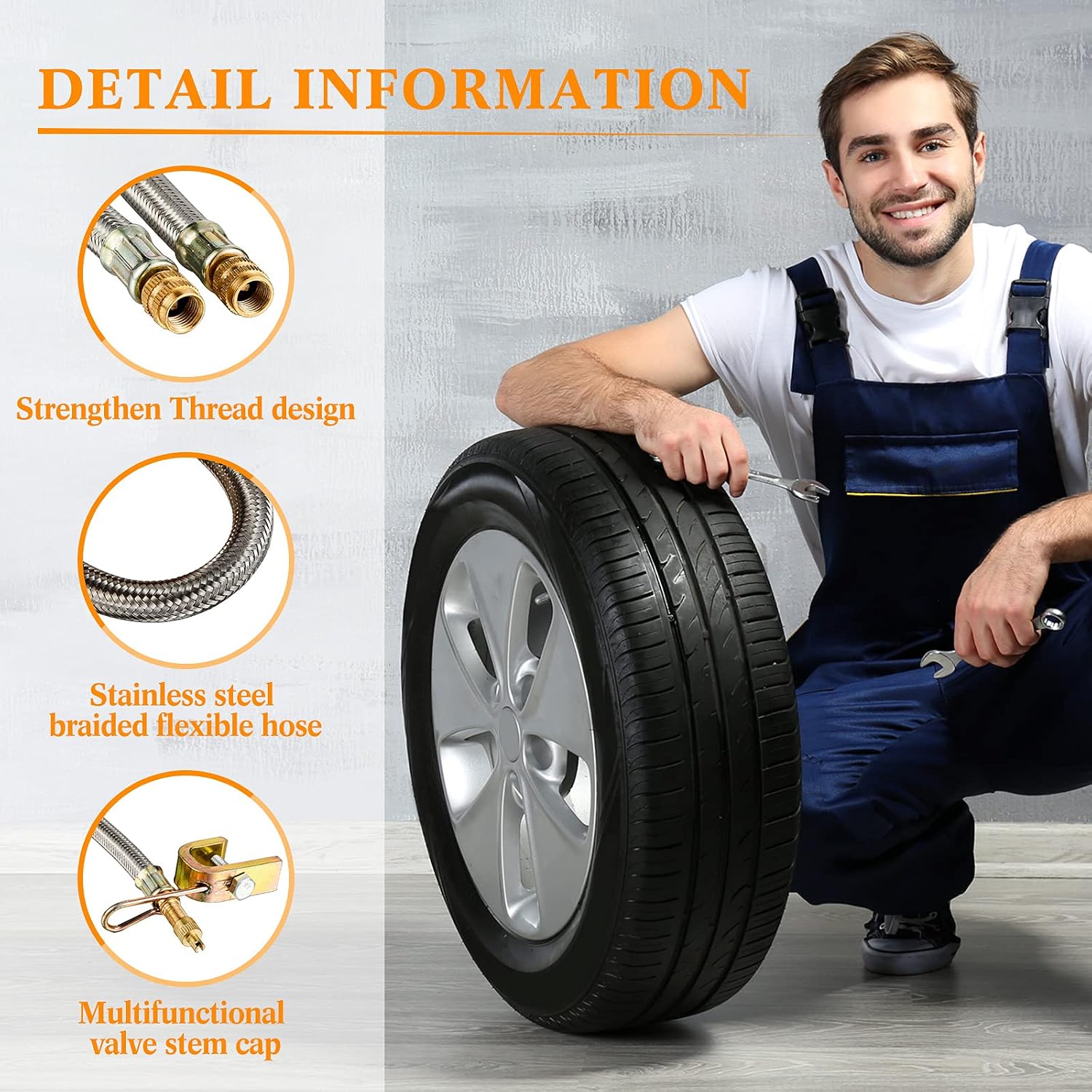 8 Pieces Valve Stem Extension, 2 Pcs 7.1 Inch Dual Stainless Steel Braided Tire Valve Stem Extender 6 Pcs 45 90 135 Degree Brass Extender Adaptor for Dual Wheels Car Truck Motorhome RV(7.1 Inches)