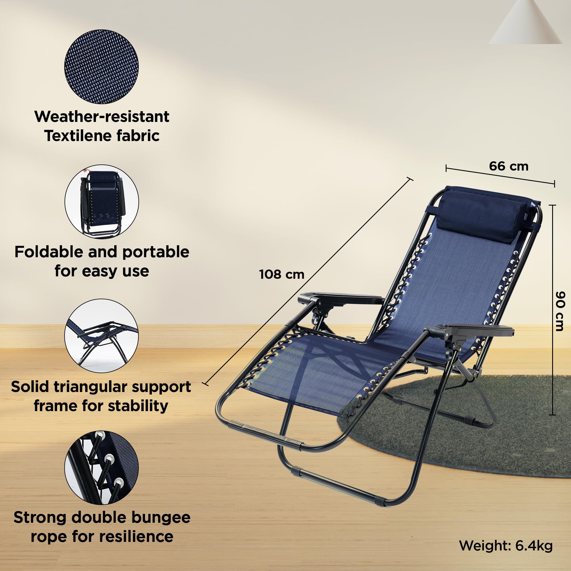 UMAI Recliner Chair | Comfortable, Portable Folding Chair | for Relaxing in the Home, Lounge, Room, Lawn or Balcony | Adjustable Pillow Included | Navy Blue 2