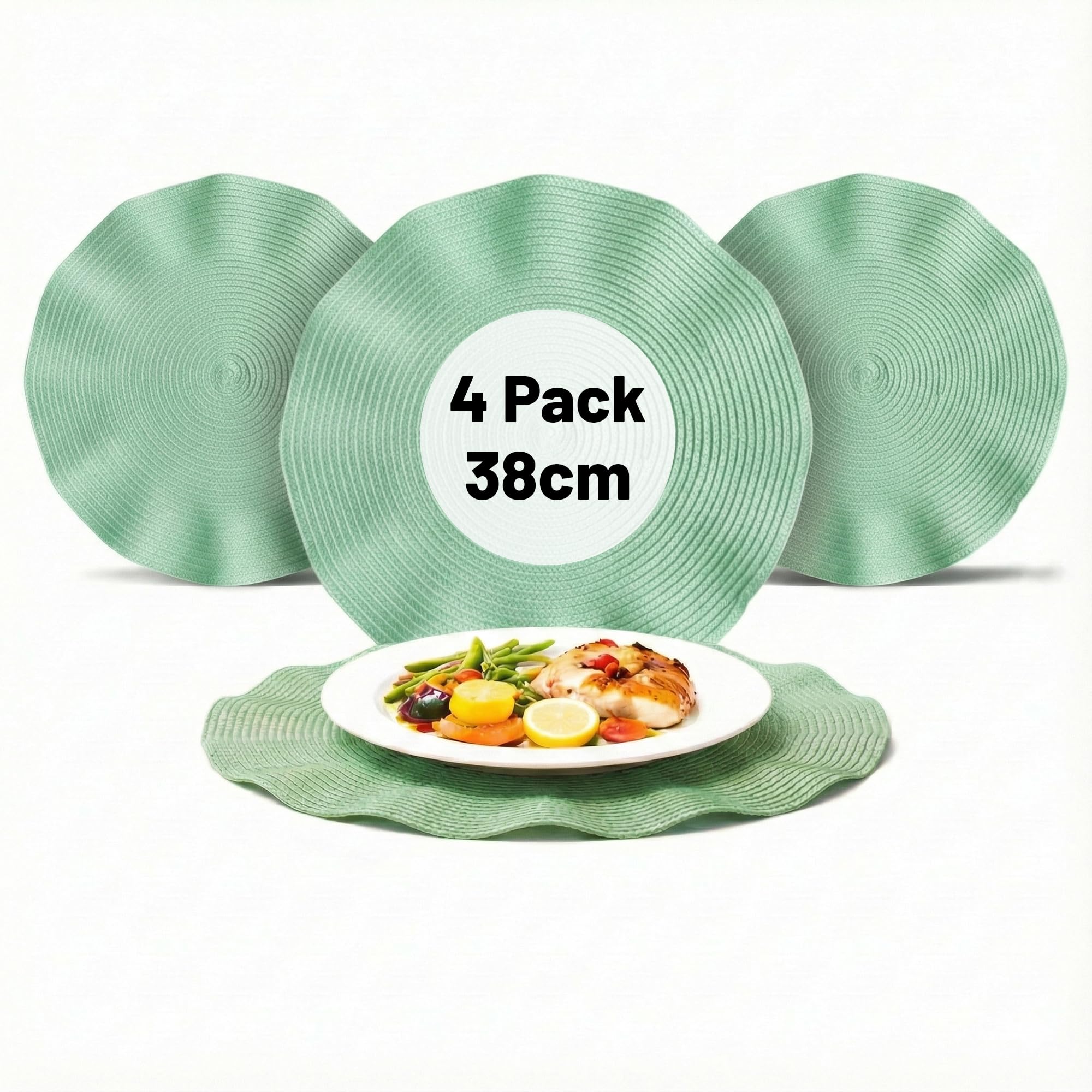 OBD Table Placemats Set of 4 Woven Table Mats Heat Resistant Non Slip Washable Round Dining Table Placemats Scalloped Edge Kitchen Table Mats for Home Decor (Light Green, 38cm)