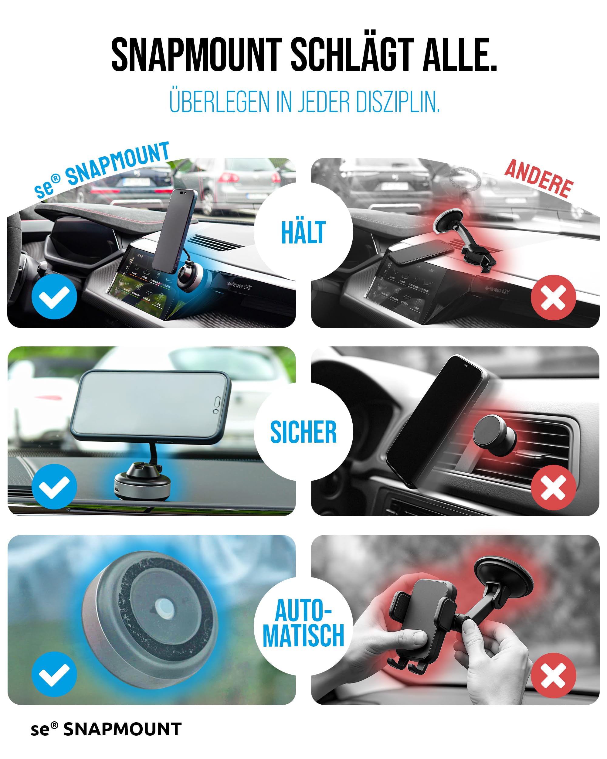 SE SNAPMOUNT - Soporte magnético para teléfono móvil para coche, hogar y oficina, compatible con MagSafe, incluye anillo de metal, con vacío electrónico, giratorio 360°, sin pegamento, para iPhone y