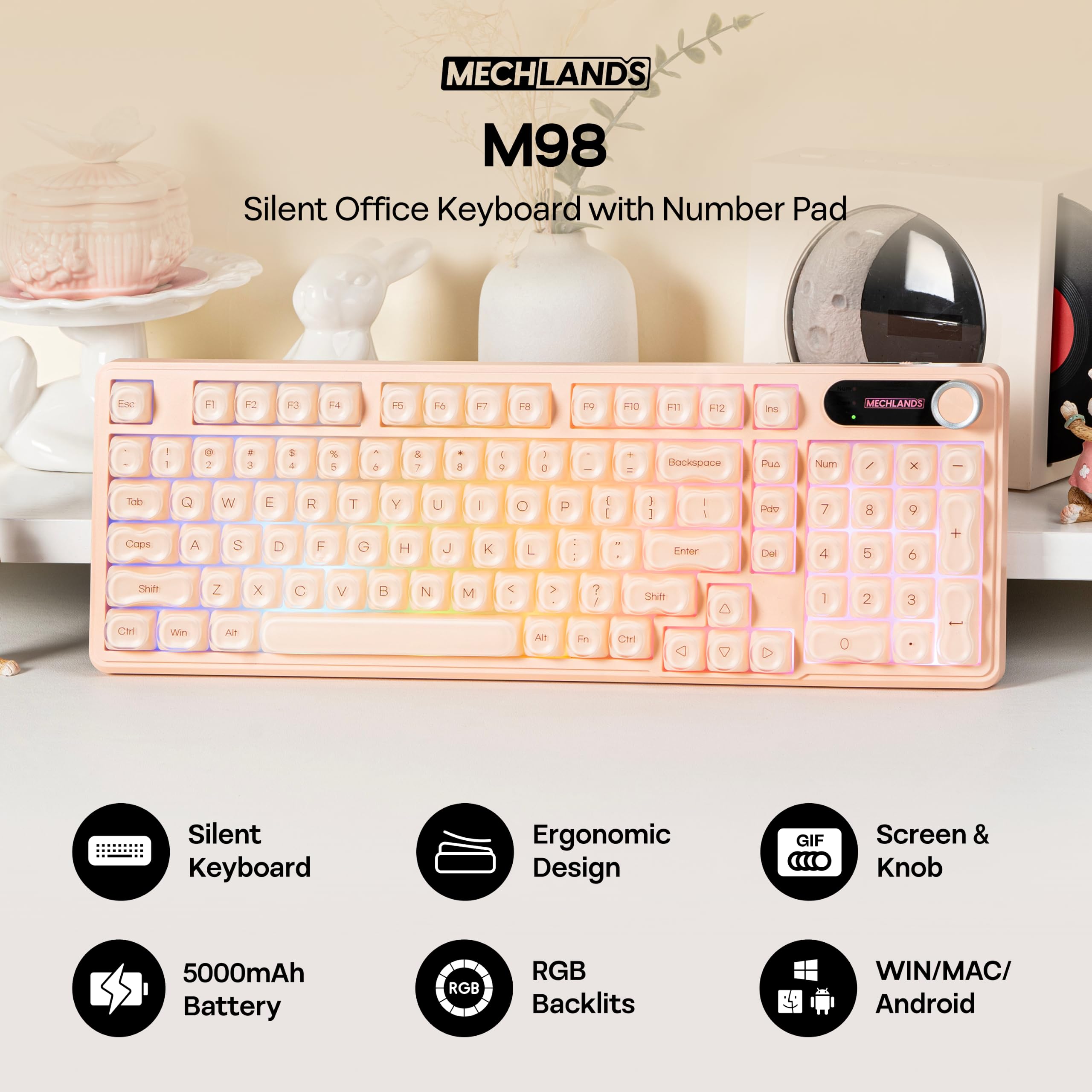 MechLands M98 Teclado silencioso con numérico, Estructura Suave, 3 Modos inalámbrico, batería 5000mAh, Pantalla, Perilla, RGB. Compatible Win/Mac, para Gaming y Oficina
