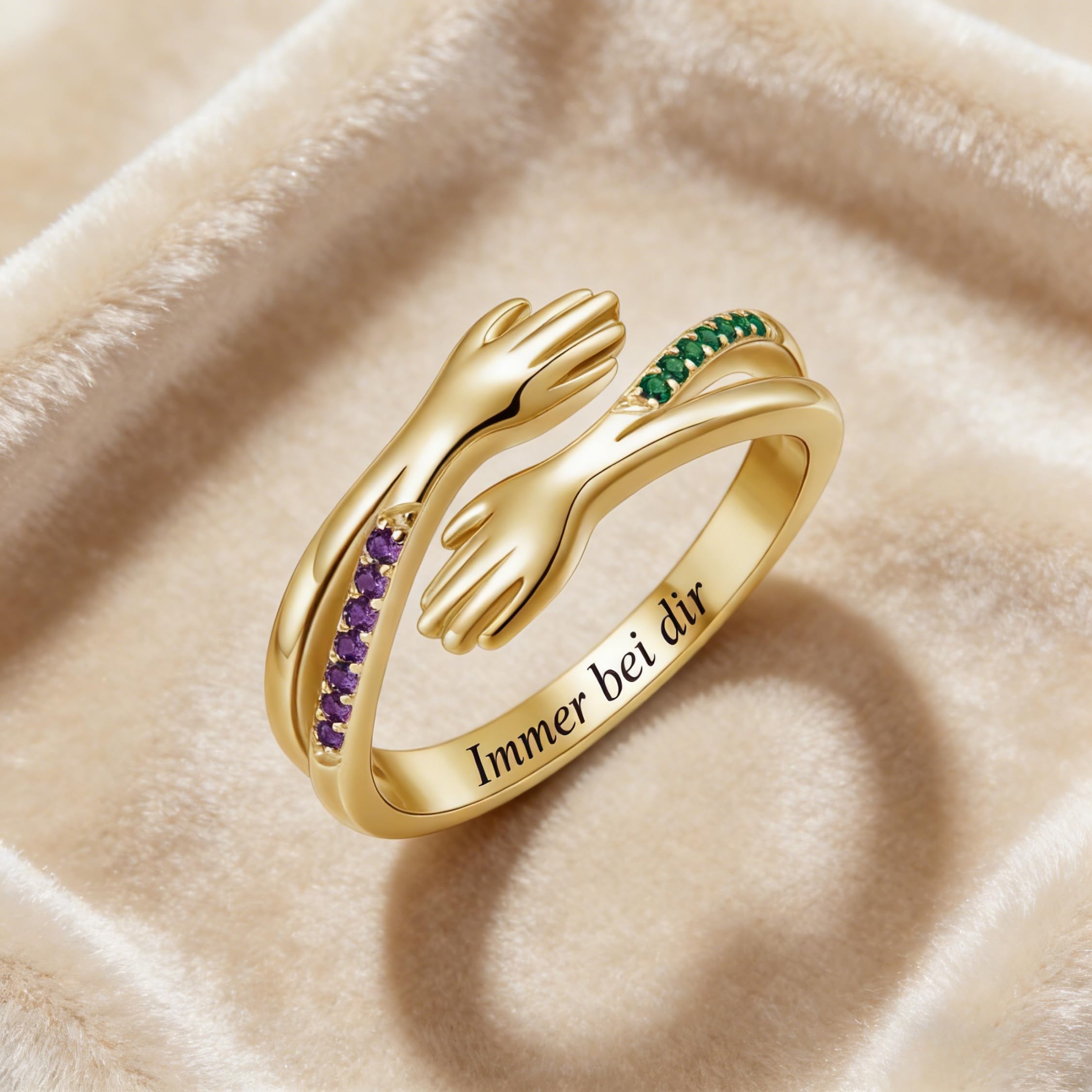 925 Sterlingsilber 10K 14K 18K Echtgold Umarmungsringe für Damen Personalisiert Geburtsstein Inspirierend Ermutigend Umarmende Hände Offener Ring für Damen Herren Personalisierter Schmuck Muttertagsge