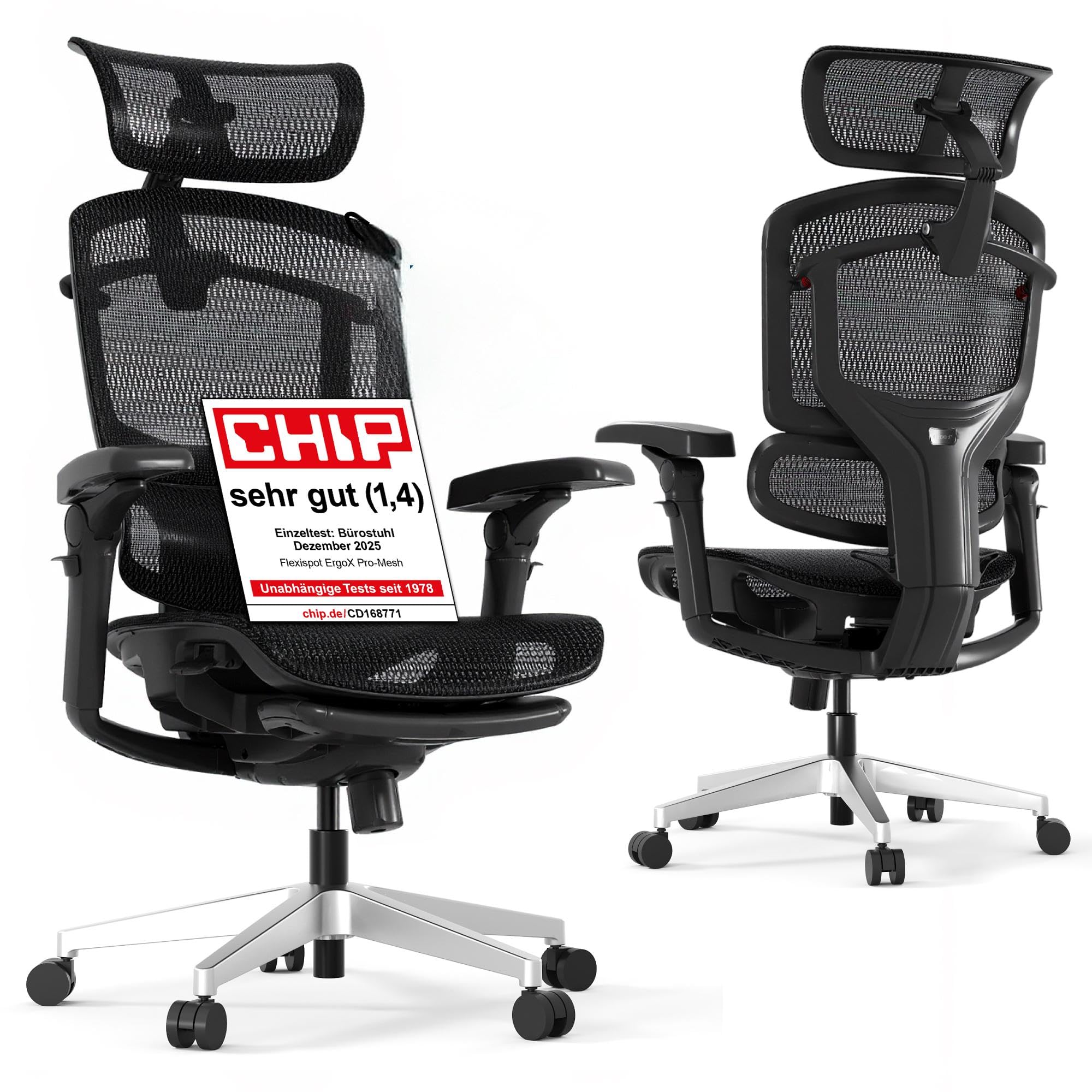 FLEXISPOT ErgoX Pro Ergonomischer Bürostuhl, 12-Fach höhenverstellbar, 7D-Armlehnen, 5D-Lendenstütze, 4D-Kopfstütze, 250 kg Tragkraft & Netzsitz