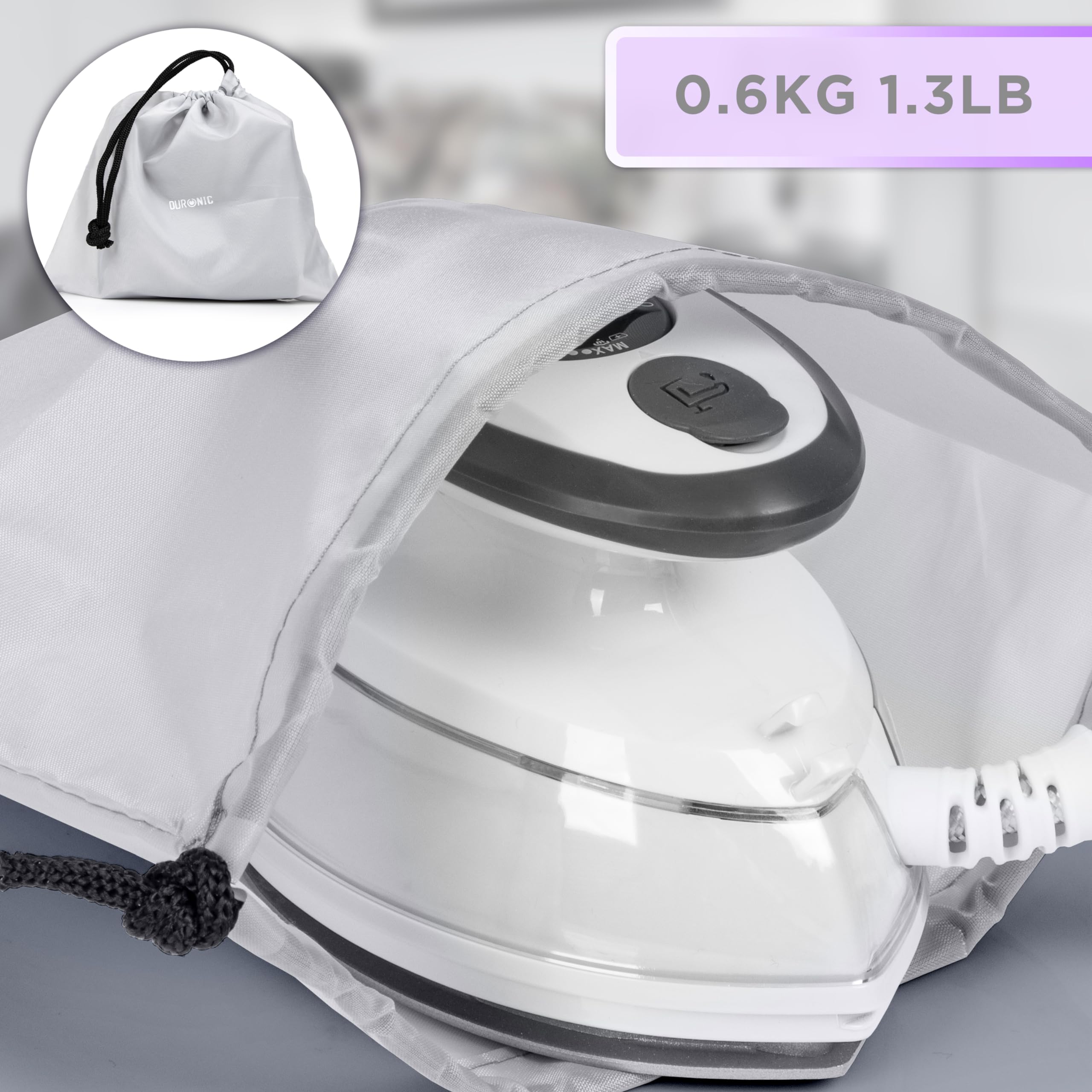 Duronic SI3 WE Mini Ferro da Stiro, Ferro da viaggio a vapore 400W, Serbatoio 35ml, Steamer portatile con base d’appoggio e borsello da viaggio, Per lavori di cucito, quilting, Bianco