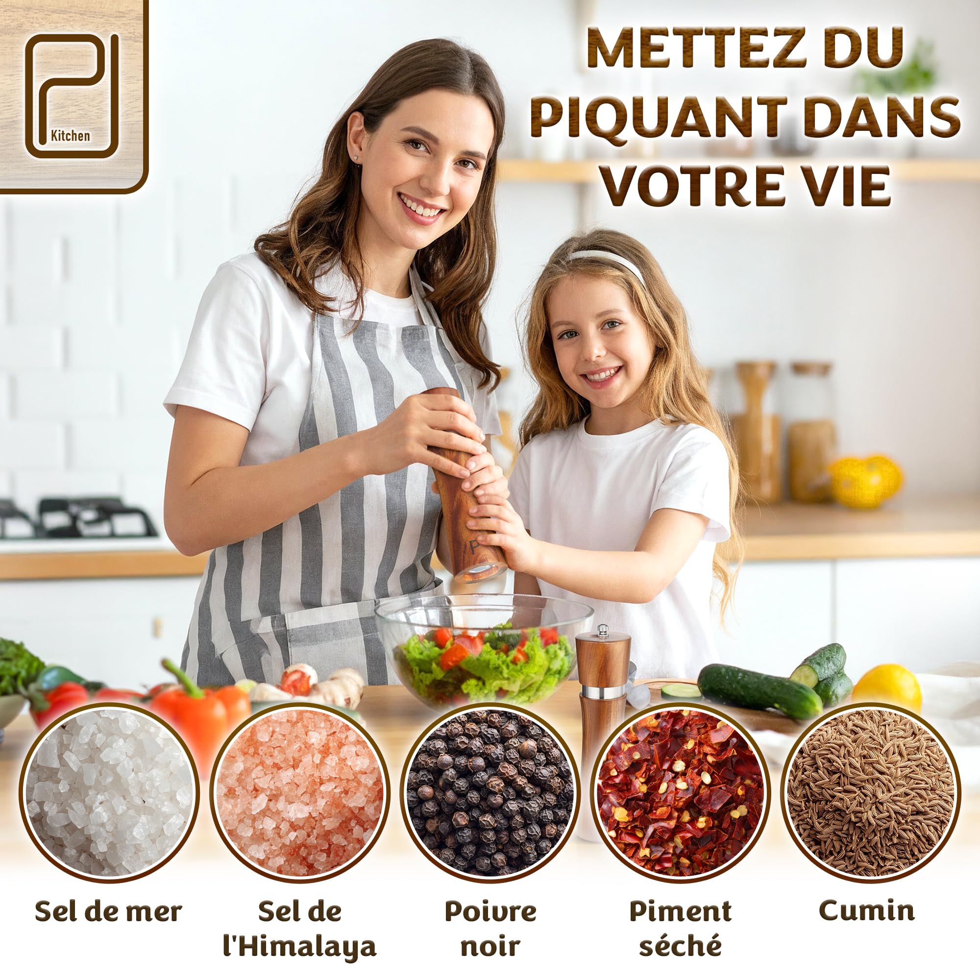 PJC-Kitchen Ensemble de Moulins à Sel et Poivre en Bois d’Acacia avec Plateau - 60 g