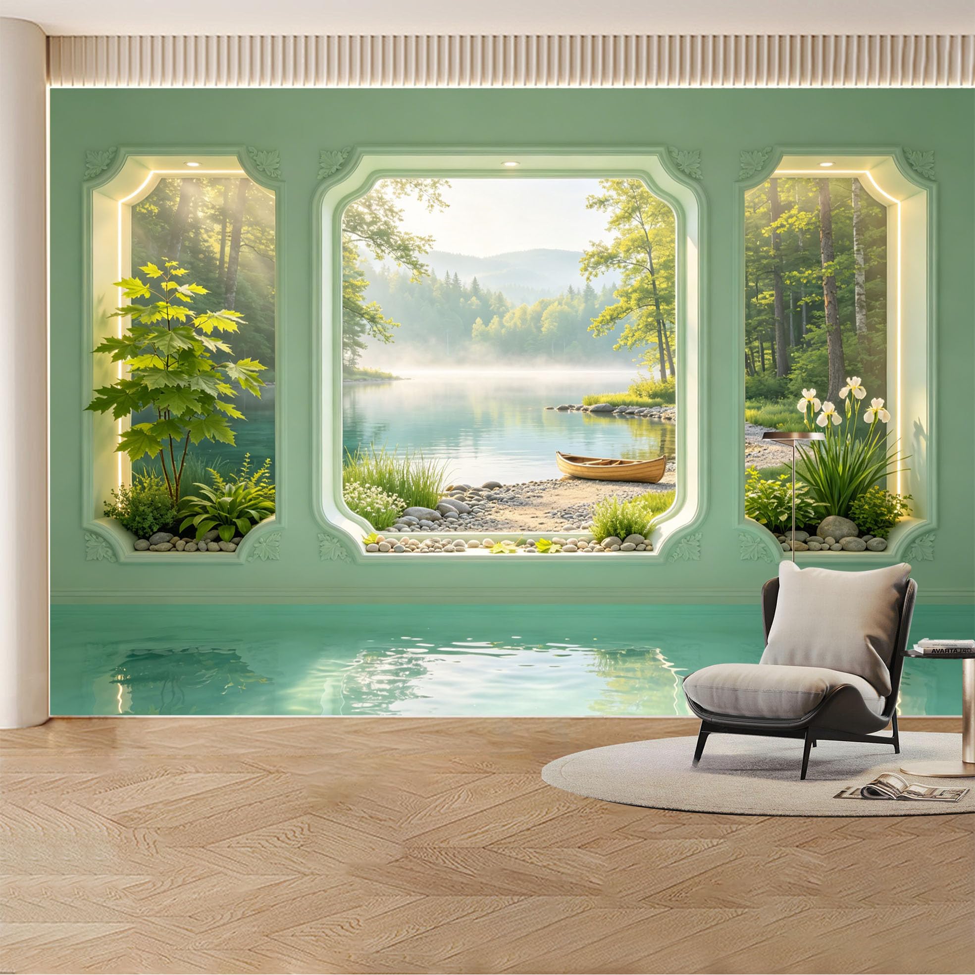 Custom Wall Mural Wallpaper Forest Lake Landscape 3D Effect Wall Decor Large Wall Art Misty Nature for Living Room， Bedroom， Office