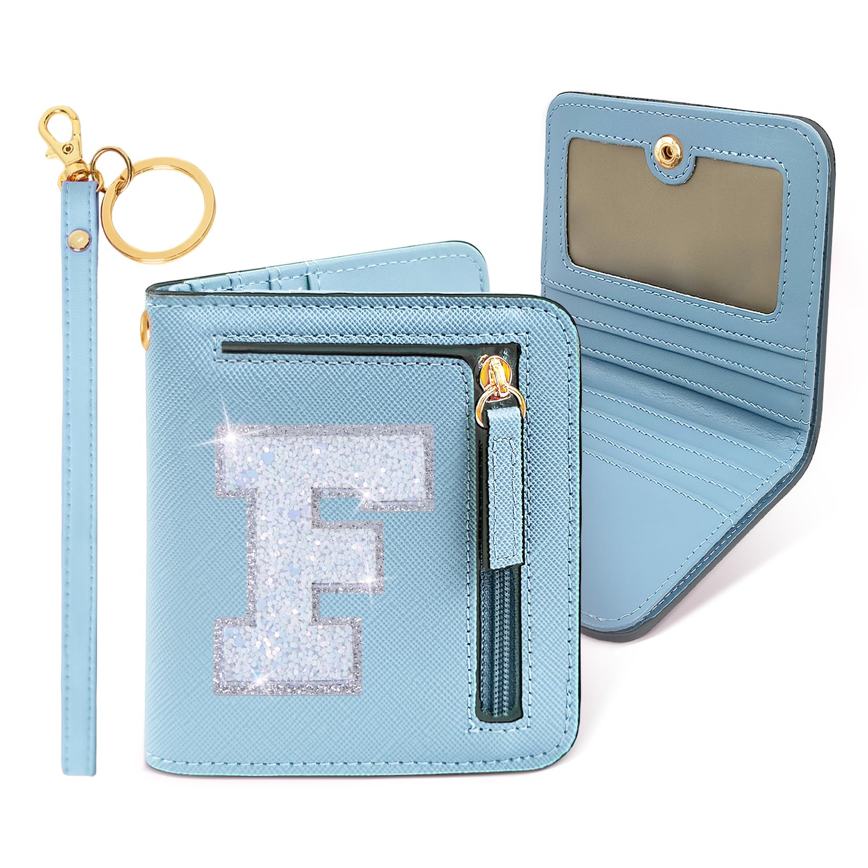 COSHAYSOO Small Wallet for Women Teenager Girl Personalized Initial Gift Preppy Letter Monogrammed Patch Mini Purse Waterproof for Travel Credit ID Cards Cash Holder Novelty Organizer Blue F