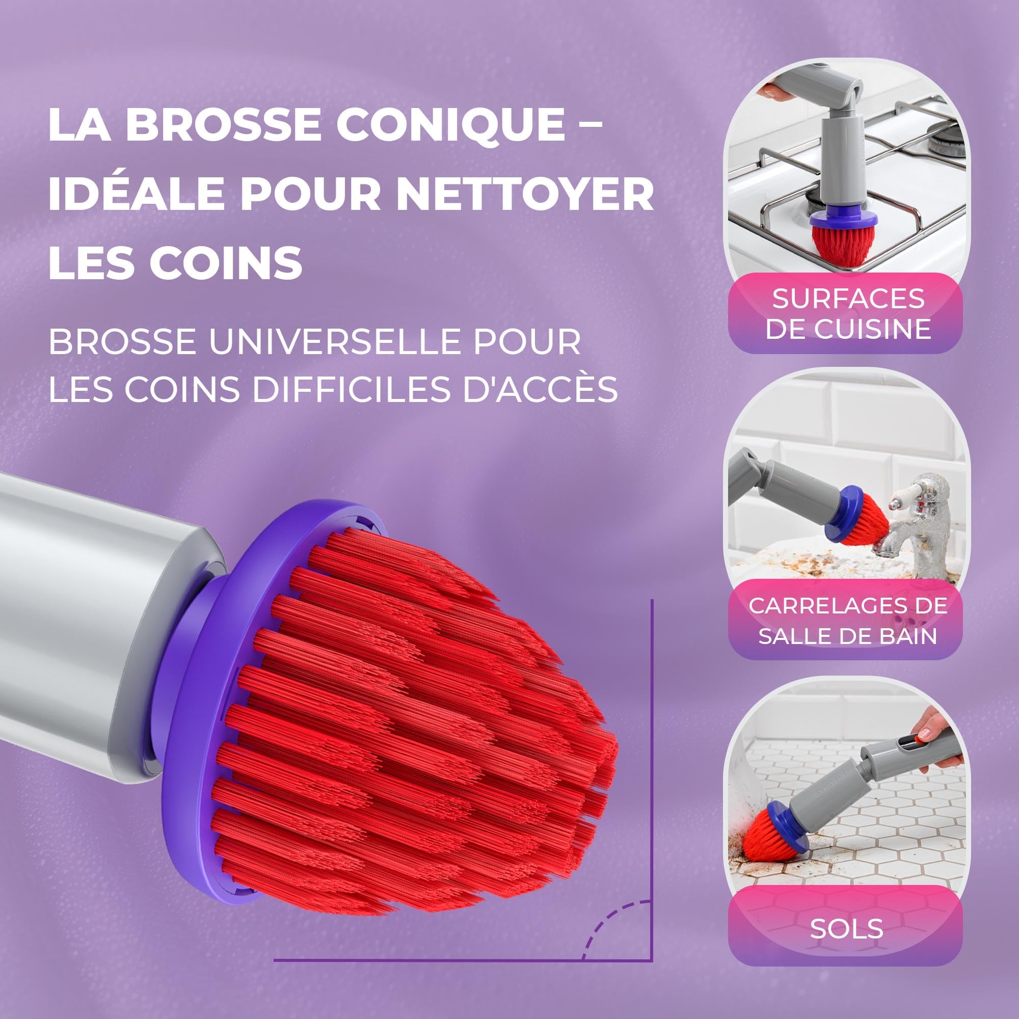 Synoshi Pro Kit Brosse Électrique Rotative avec Accessoires Salle de Bain | Inclut brosse ronde, 2 brosses coniques, éponge magique, poignée d'extension, Sans fil, rechargeable