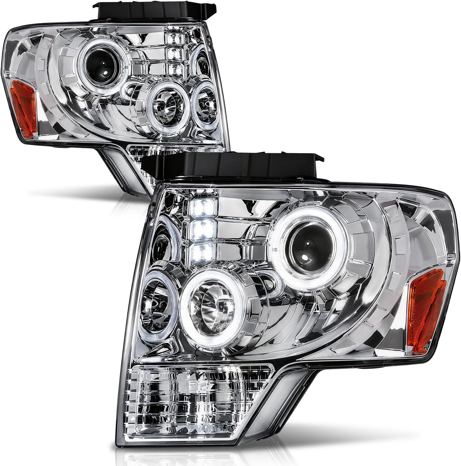 Auto Dynasty LED Halo Headlights Assembly Compatible with 2009-2014 Ford F-150, Driver and Passenger Side Dual Angel Eyes Halo Ring Projector Headlamps Replacement, Chrome Housing Amber Corner