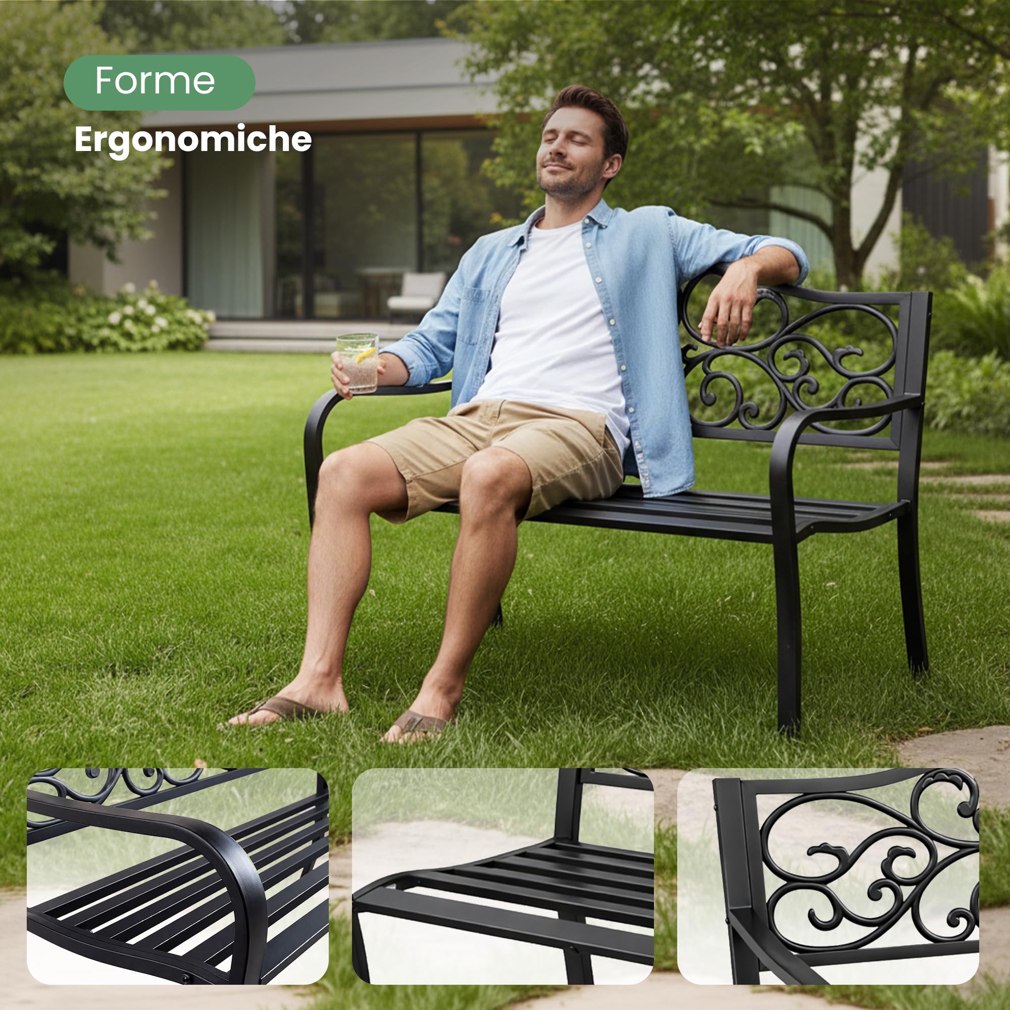 AKORD Panchina da Giardino IRGA con Gambe in Acciaio e Schienale in Ghisa | Panca da Esterno | Panchine Esterna con Bracciolo | Panche Moderno Resistente alle Intemperie | Larghezza 127 cm | Nero