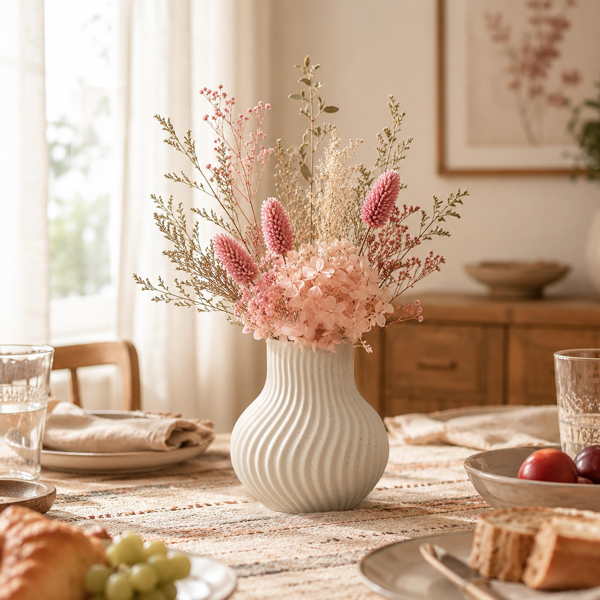 White Ceramic Vase, Modern Ribbed Flower Vase for Pampas Grass (Off White) | Cream Beige Wavy Decorative Vase, Boho Table Centerpiece for Living Room, Minimalist Ceramic Flowerpot, Dried Flowers Decor
