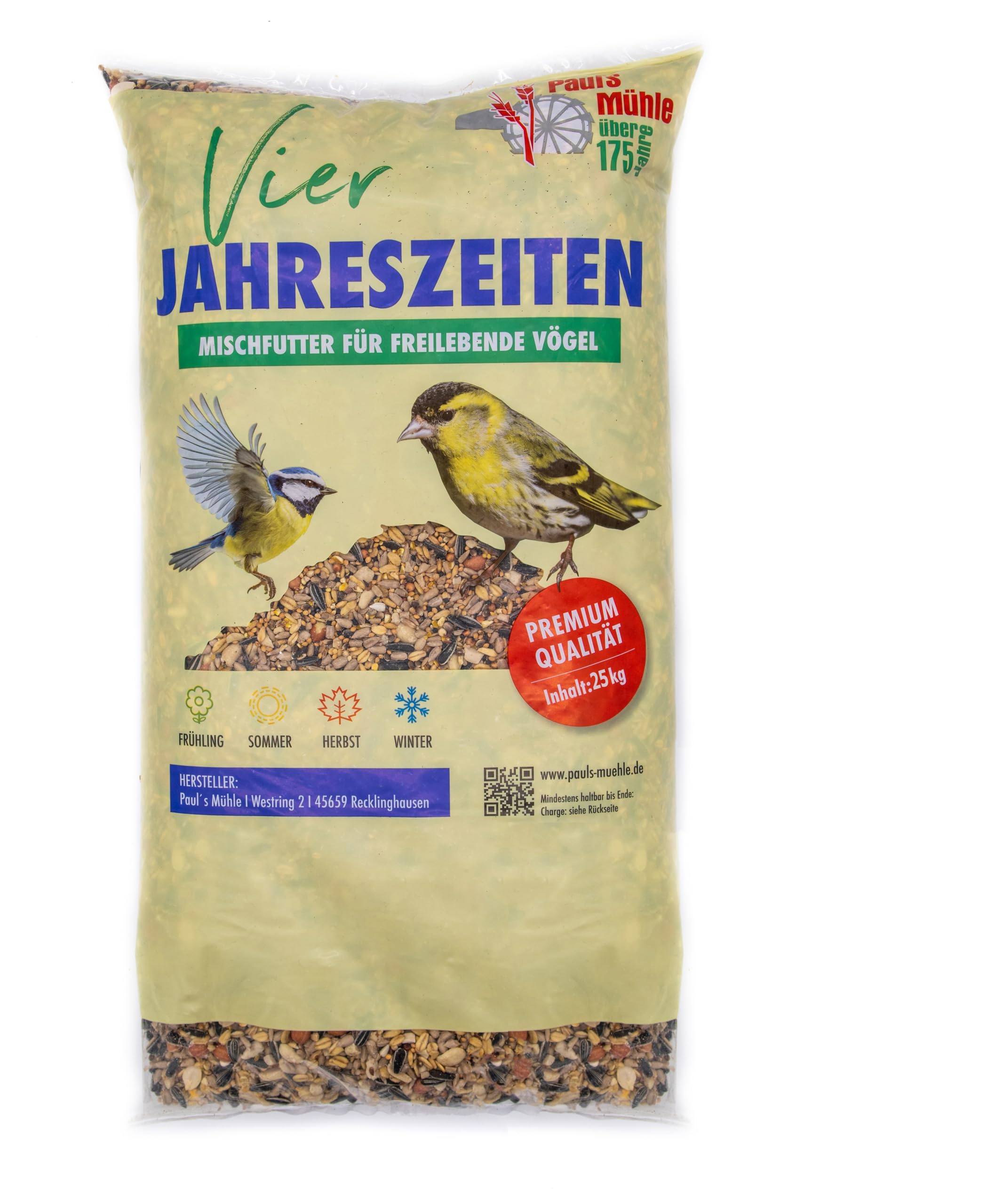 Paul's Mühle Wildvogelfutter, Ganzjahresfutter für Wildvögel, 4-Jahreszeiten, 25 kg