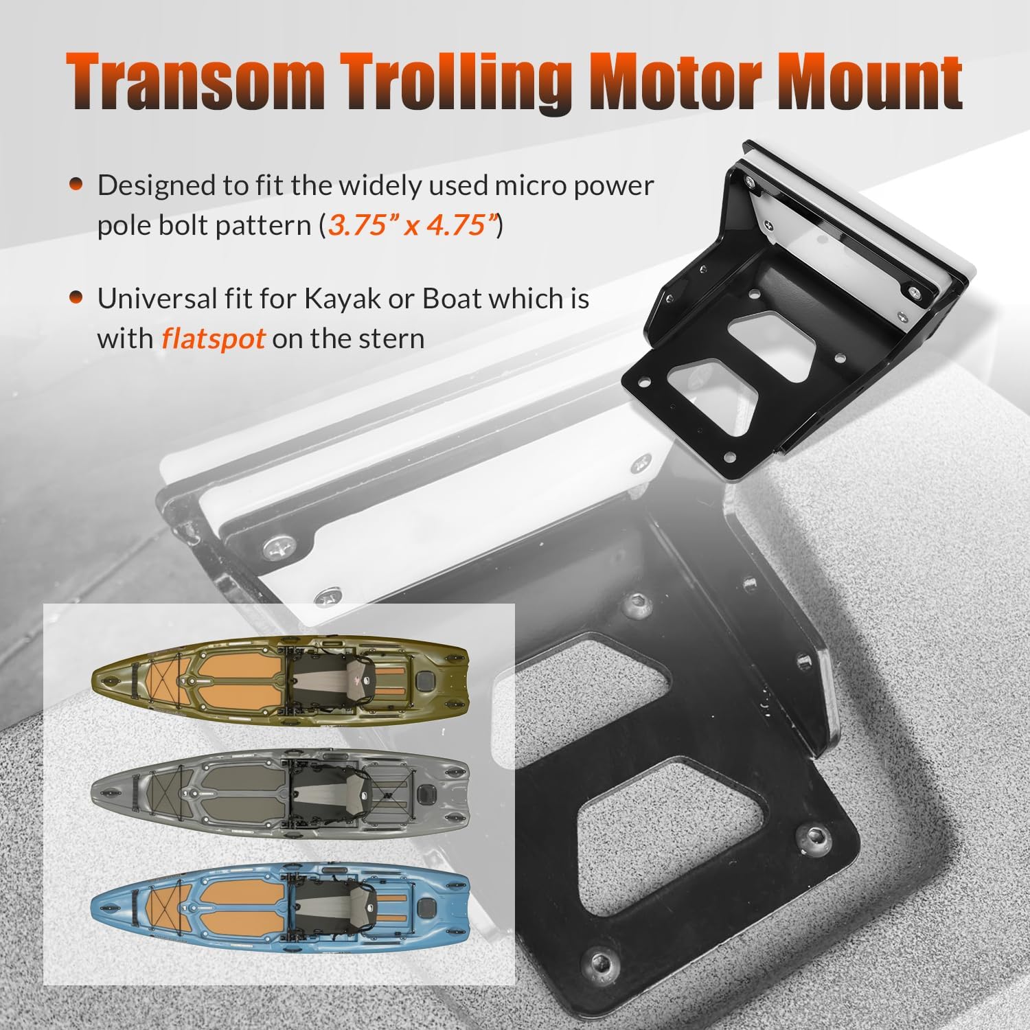 Transom Trolling Motor Mount for Kayaks, 6mm Thick Heavy-Duty Aluminum Transom Motor Bracket 3HP Max Thrust, 3.75" x 4.75" Bolt Pattern for Flat Stern Boats in Freshwater & Saltwater (1-Pack, Black)