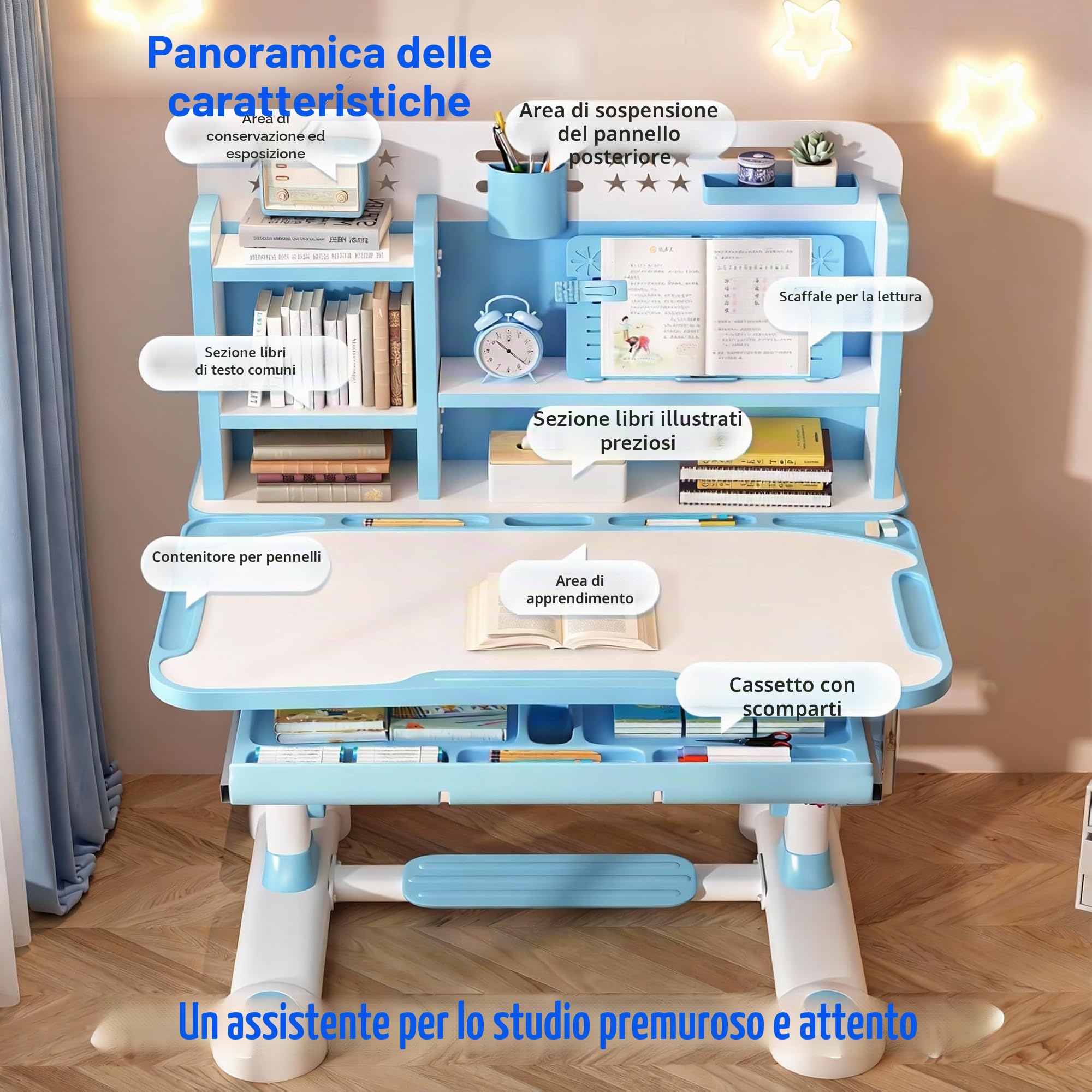 Set di scrivania e sedia per bambini, design con altezza regolabile, scrivania da studio ergonomica con sedia, scrivania per l'apprendimento con cassetto di stoccaggio, supporto per libri