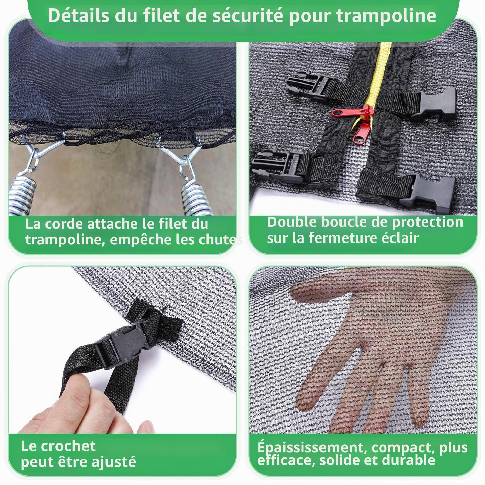 Filet Trampoline 366cm 8 poteaux Accessoires Trampoline Résistant aux UV, Double Fermeture Éclair, Convient à de Nombreuses Occasions，Hauteur 180 cm