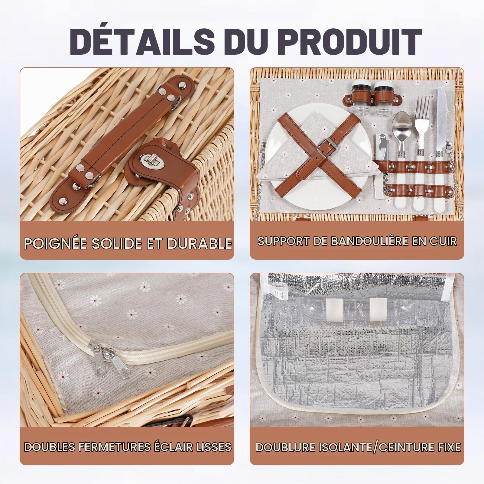HappyPicnic Lot de 2 paniers de pique-nique en osier avec couverture imperméable et doublure isolante, grand panier en saule fait à la main avec kit de couverts pour l'extérieur, pique-nique, etc