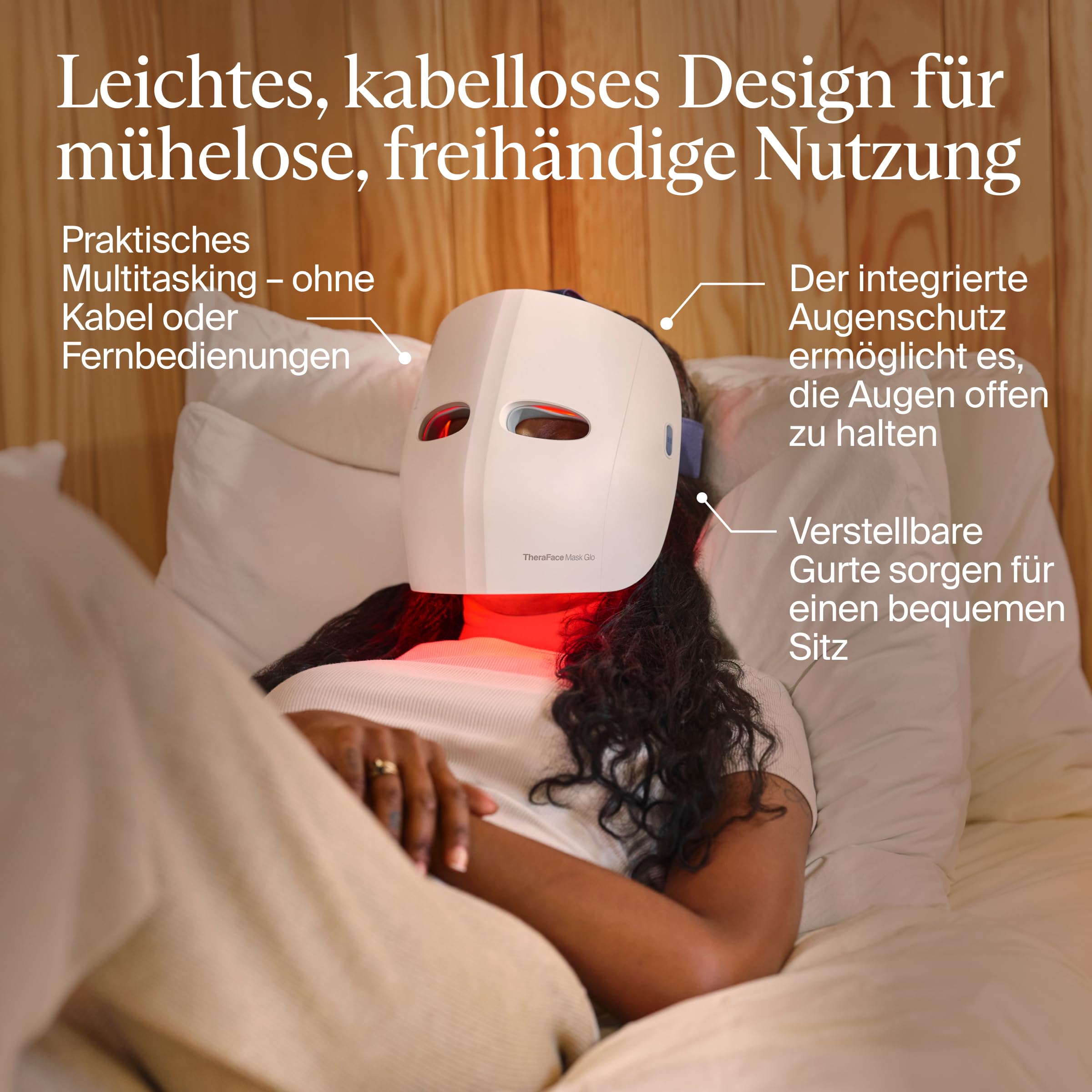 Therabody Mask GLO, maska LED do twarzy z czerwonym, niebieskim i podczerwonym światłem, masażem wibracyjnym, bezprzewodowym designem, regulowanymi paskami i ładowaniem USB-C