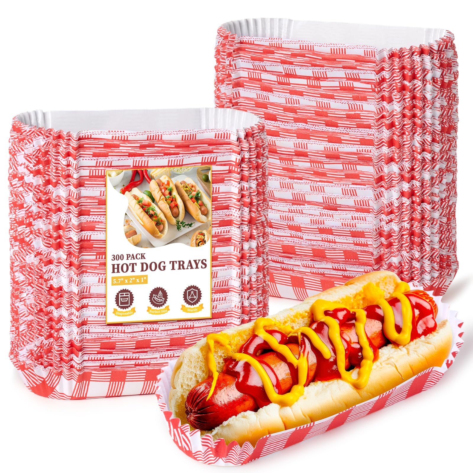 300 Pcs Paper Hot Dog Trays, Small Disposable Hot Dog Boats Fluted to Go Food Holders for Concession Stand, Party, Food Truck (Red)