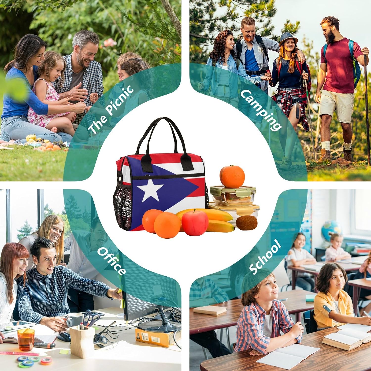 ODAWA Puerto Rico Flag Men's Lunch Bag for Work Adult Lunch Bag with Water Bottle Holder Lunch Box Bag for Picnic