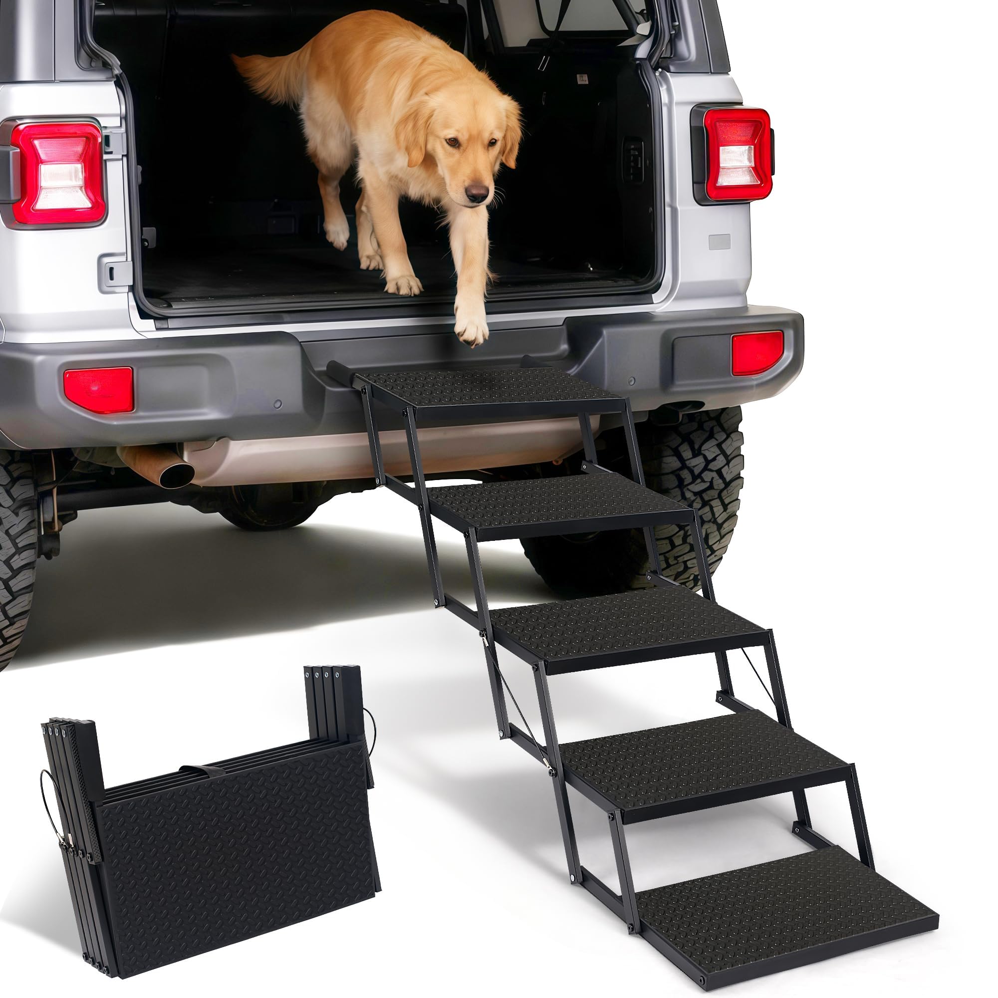 Rampa per Cani Pieghevole,Scaletta per Cani 5 Gradini, superficie antiscivolo, scala pieghevole per cani fino a 100 kg, per animali domestici, auto, SUV, furgoni