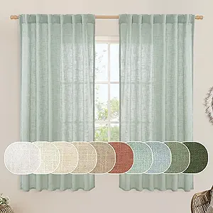 LAMIT Faux Linen Curtains 63 inches Long for Bedroom, Back Tab and Rod Pocket Linen Drapes Light Filtering Semi Sheer Curtains for Small Window/Farmhouse, 2 Panels (52 x 63 Inch, Light Sage)