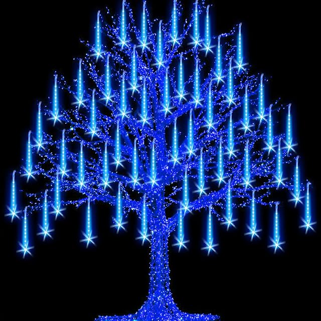 Grandisk 2 Pack Meteor Lights LED Meteor Shower Lights Falling Rain Lights with 8 Tubes 288 LEDs Falling Rain Drop String Lights Waterproof Icicle Snow Fall String Lights for Christmas Tree(Blue, 2)