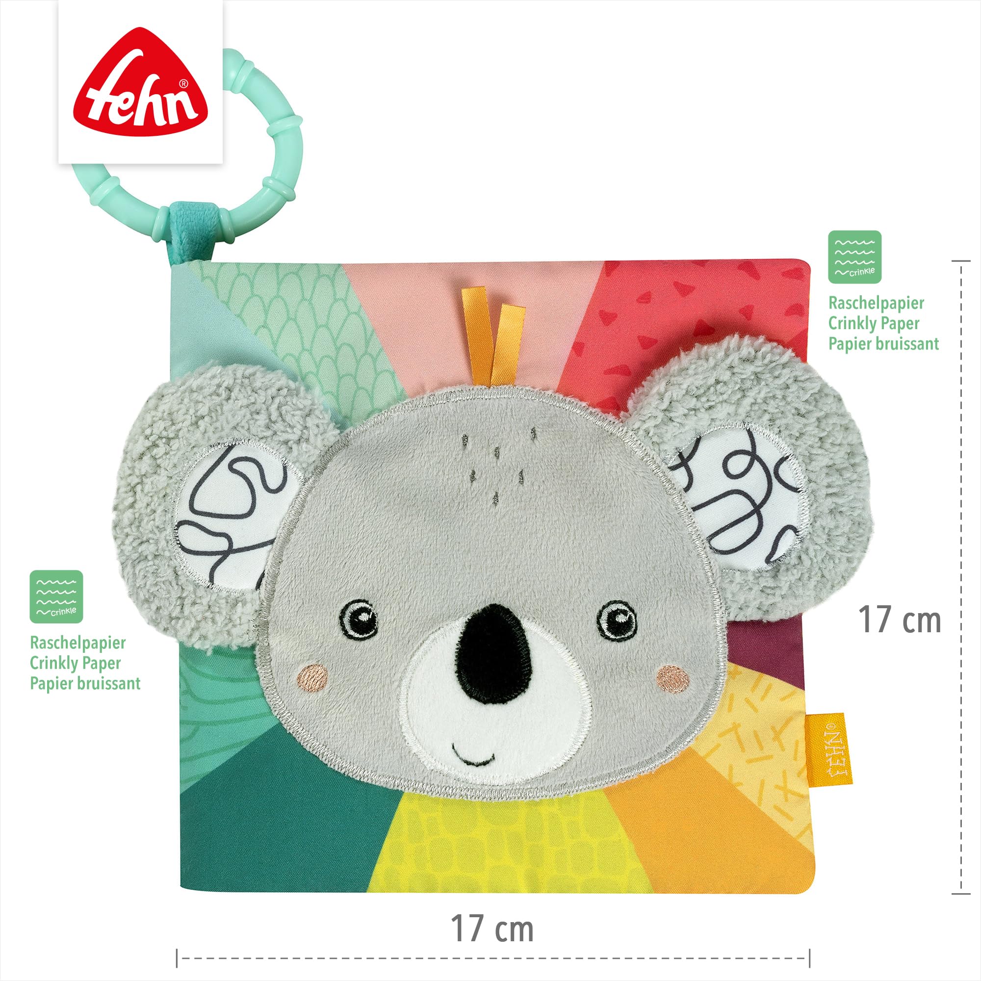 Fehn Stoffbuch Koala – Baby Fühlbuch aus Stoff mit Tier-Motiven: Knisterbuch zum Fühlen, Greifen und Staunen – zum Aufhängen für Kinderwagen und Babyschale – für Babys und Kleinkinder ab 3+ Monaten