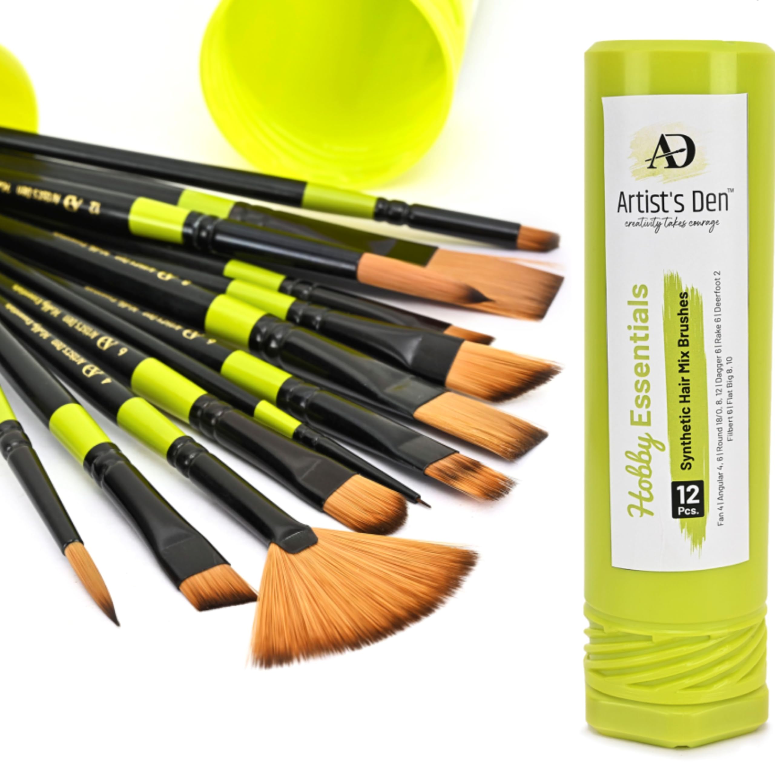 Artist's Den Hobby Essentials Brushes for Acrylic, Watercolour, Gouache & Oil Painting (Set of 12 Mix)