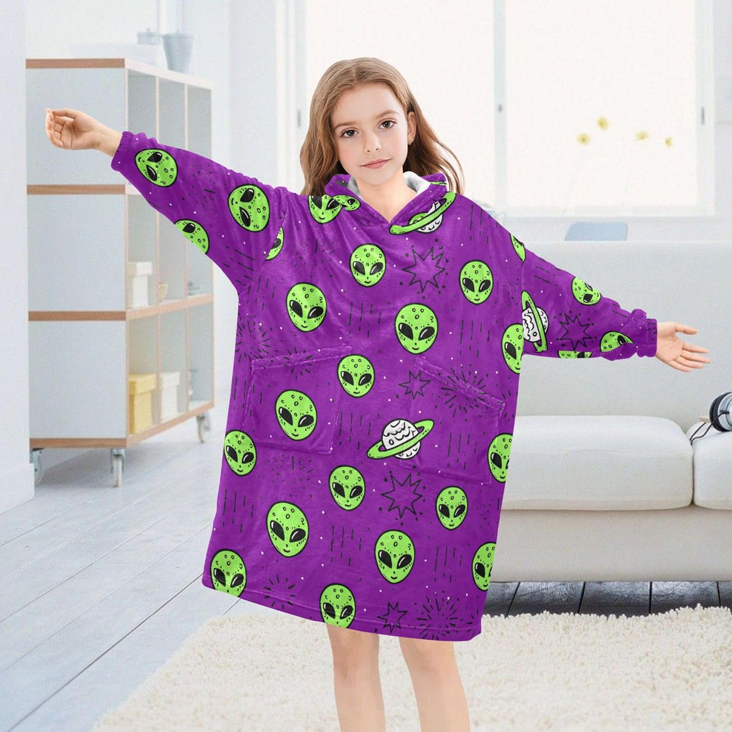 Cute Alien Ufo Kids Wearable Blanket Hoodie with Pocket and Sleeves for Toddlers, Cute Hoodies Girls Boys B0404006