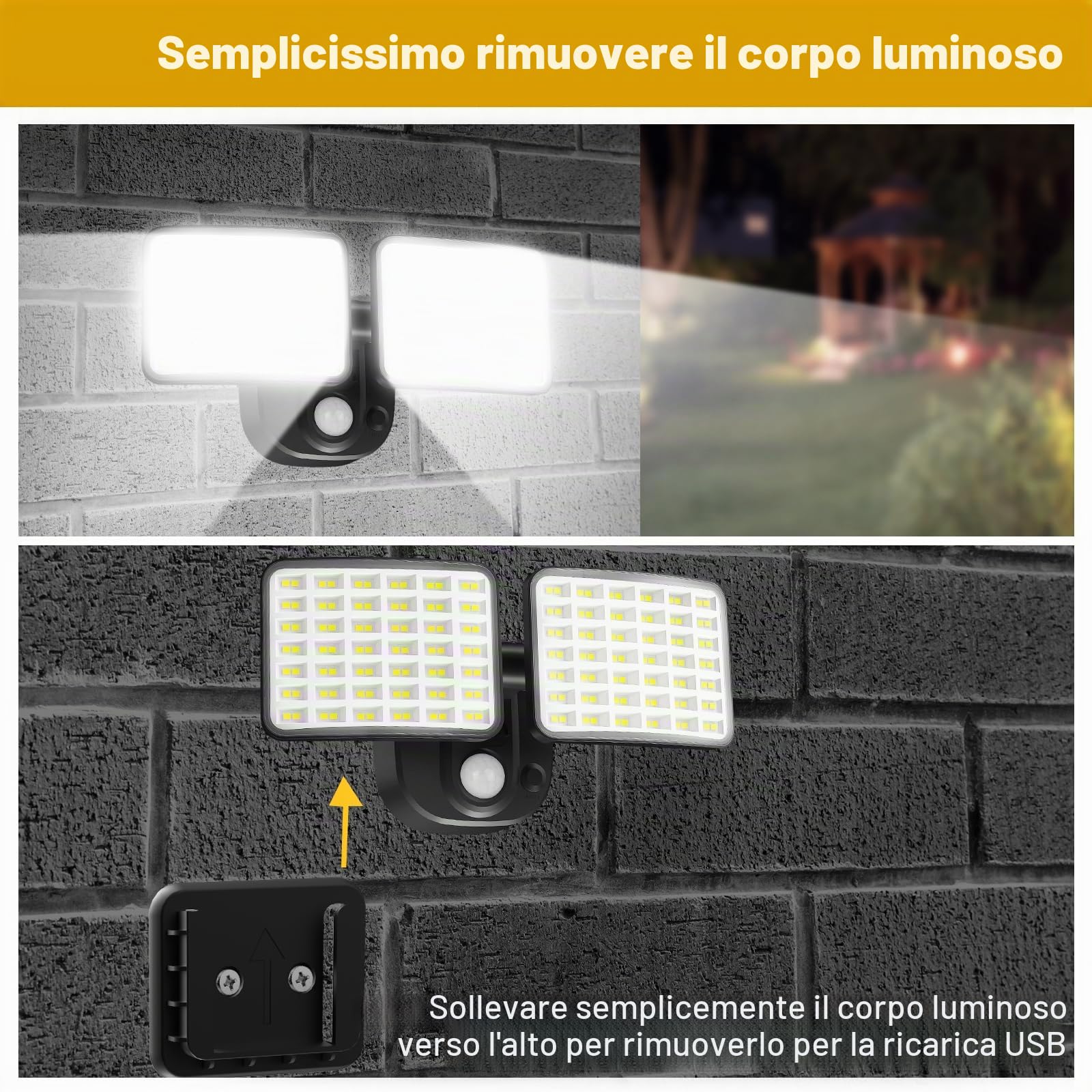 Batteria ricaricabile con sensore di movimento esterno (durata 1-3 mesi), 1000 & 2500 lm, lampada esterna con sensore di movimento, ricarica USB, per garage, giardino, cortile, porte di casa