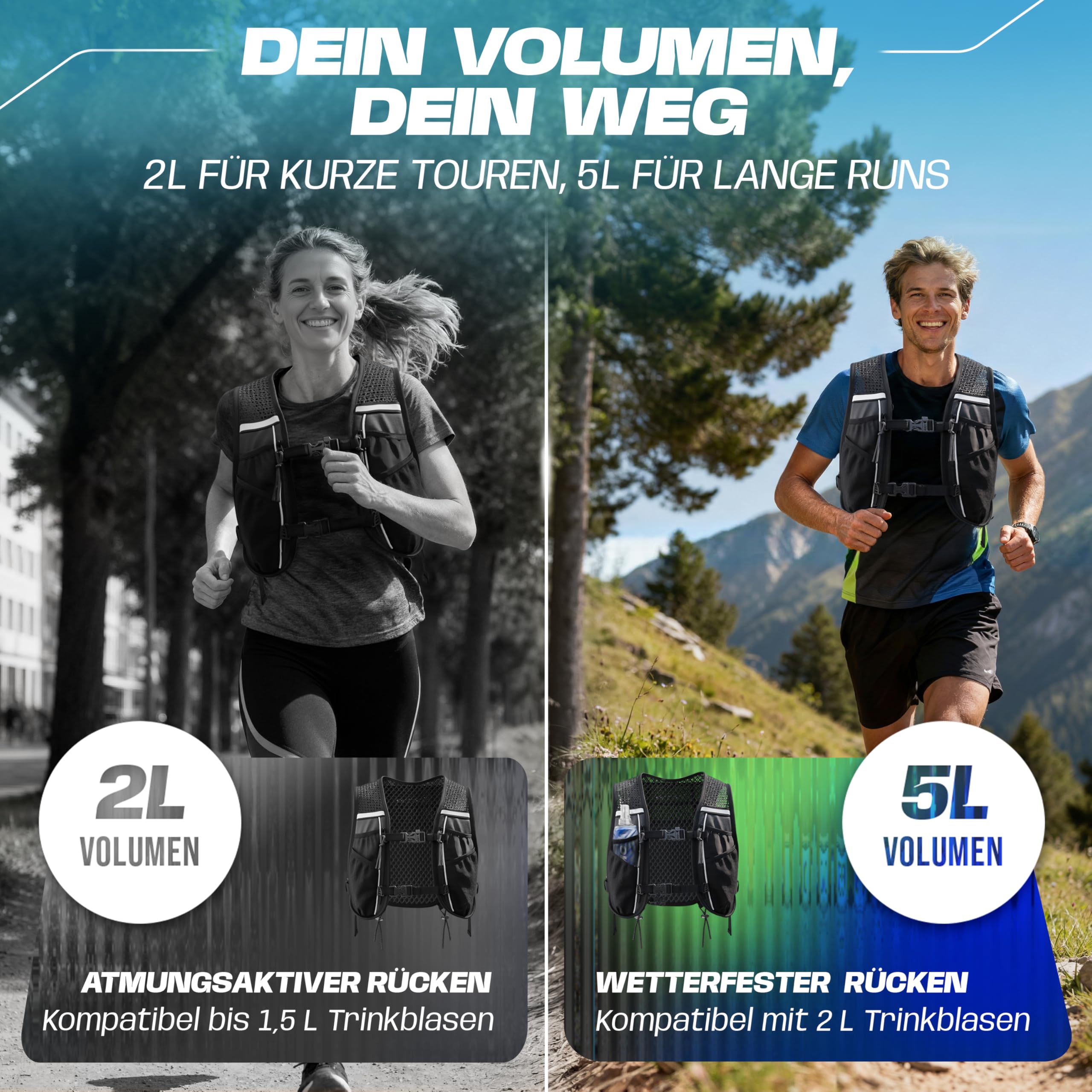 SASMO® Laufweste Damen & Herren 5L / 2L | Running Vest - Ultraleicht & atmungsaktiv| Laufrucksack Damen - 8 Taschen | Laufweste Herren | Trinkweste Laufen