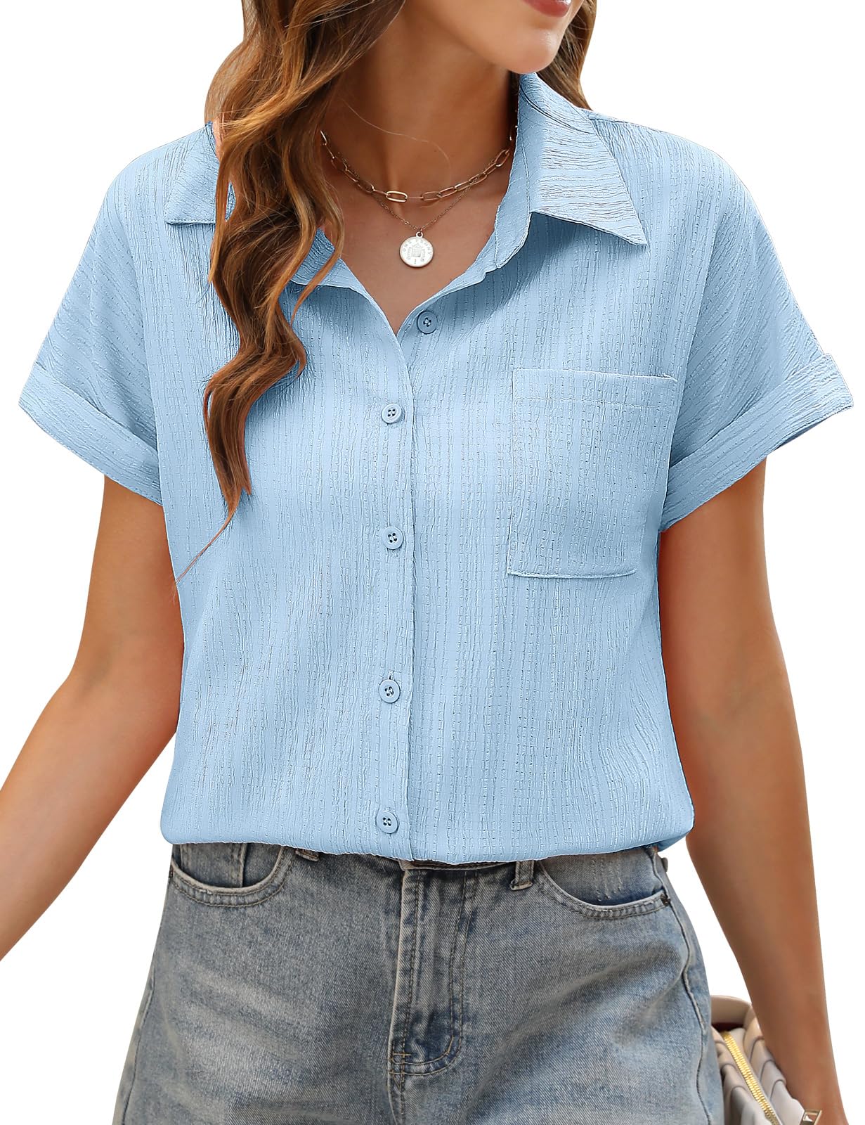 PASUDA Bluse Damen Sommer Elegant Hemdbluse Kurzarm Blusen Musselin Hemd Tunika Tops V-Ausschnitt Button-Down Sommer Oberteile Casual Basic Shirt mit Tasche Blusen
