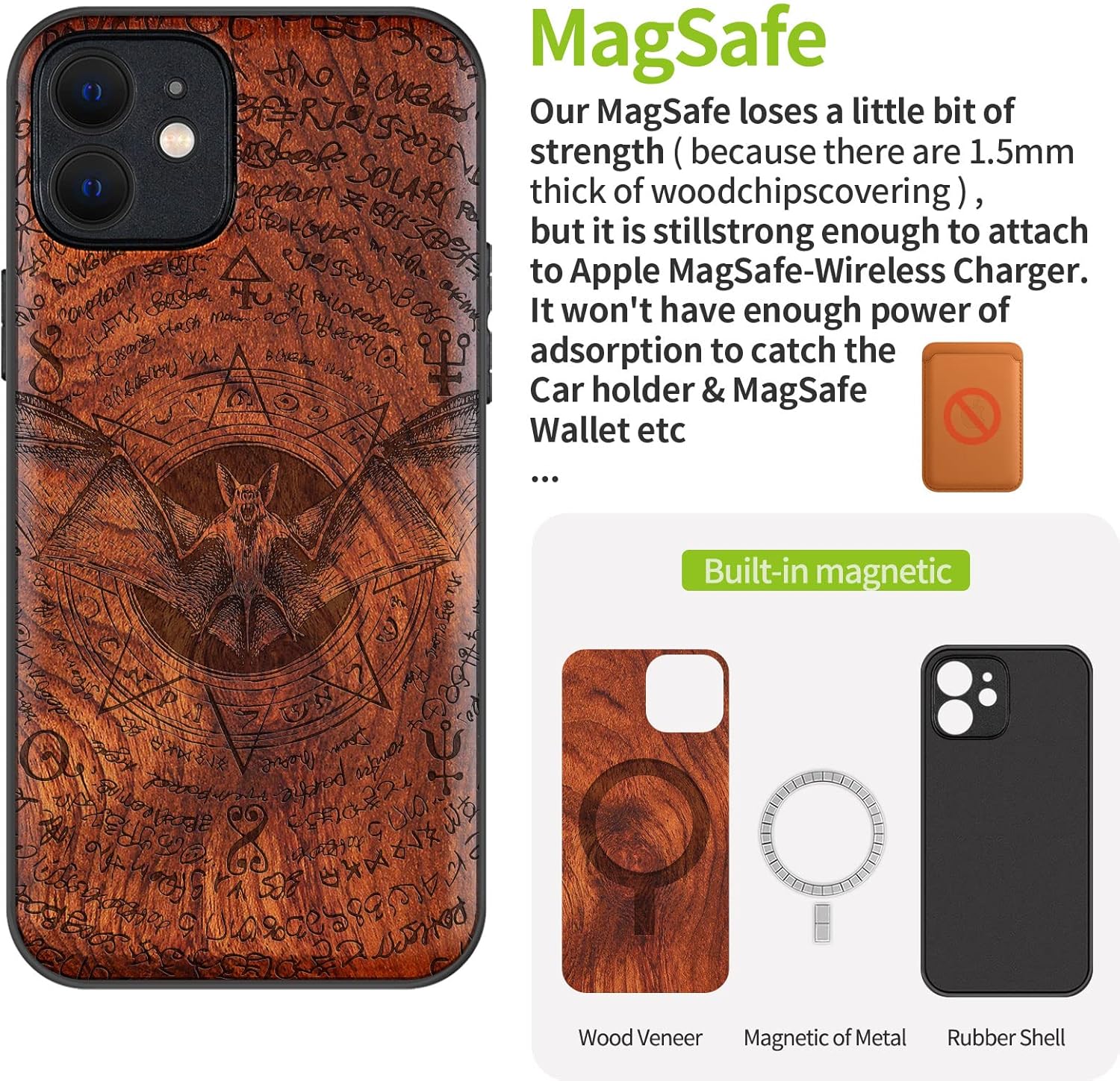 Carveit Magnetic Wood Case for iPhone 12 Case [Natural Wood & Black Soft TPU] Shockproof Protective Cover Wooden Case Compatible with MagSafe (The bat of Old Manuscript- Rosewood)