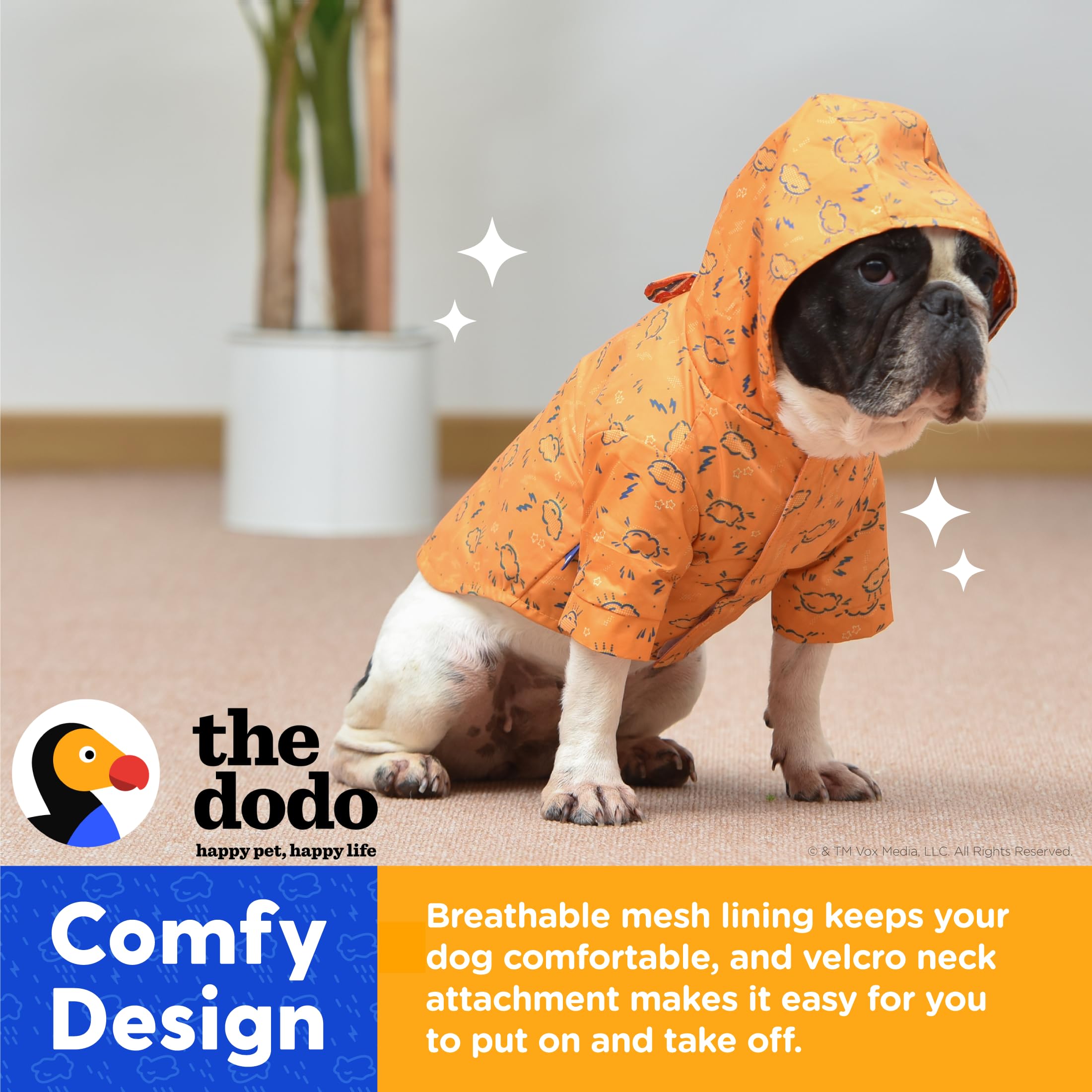 The Dodo Rainy Days Bedruckter Regenmantel für Hunde, Orange, Größe M, wasserabweisender Hunde-Regenmantel mit Klettverschluss, leicht zu reinigendes PVC-Material