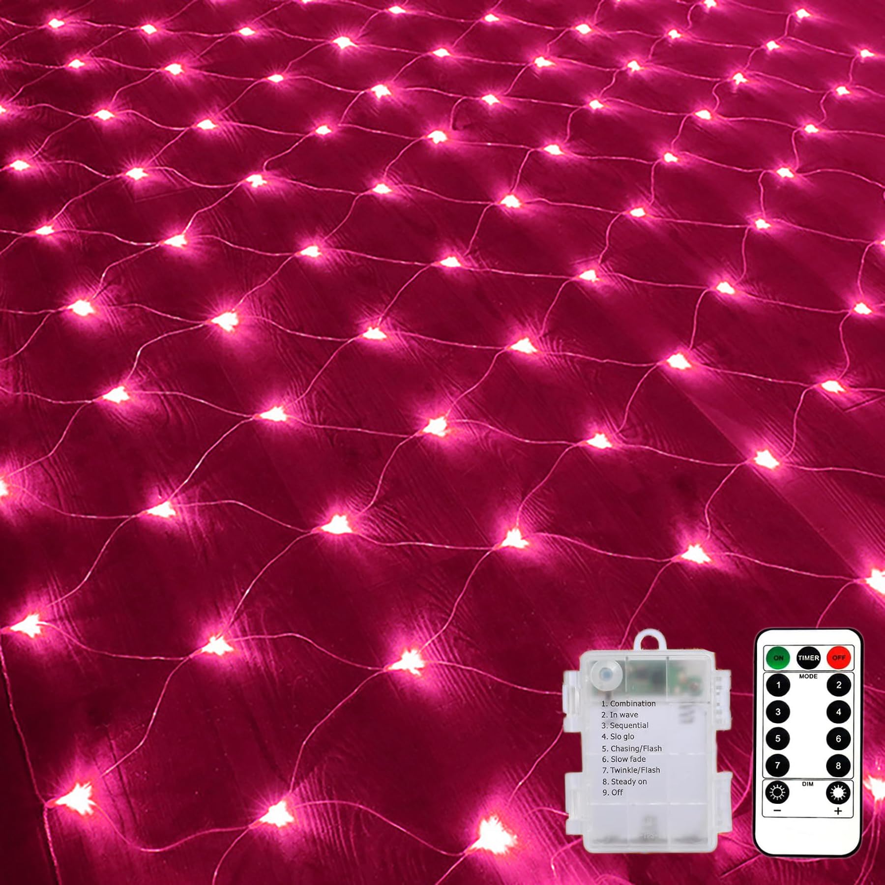 KINGCOO LED Battery Operated Net Lights with Remote (Pink, 2x3M)