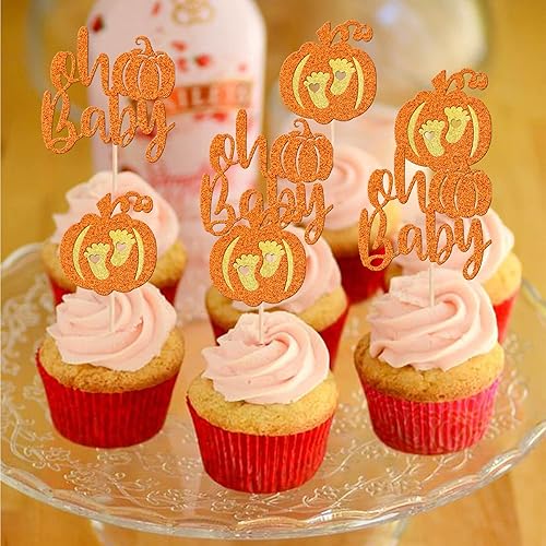 Miniatura 183 de 24 piezas de calabaza Oh Baby Cupcake Toppers Glitter Heart Feet Baby Shower Cupcake Picks para otoño, Acción de Gracias, tema de otoño, baby