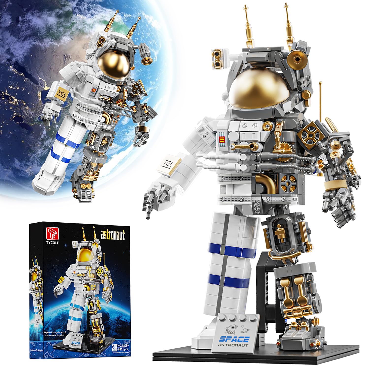 Space Astronaut Building Block Set,860Pcs Spaceman Building Toys with Display Stand, Cool Translucent Design Collection for Home Office Decor, Christmas Birthday Gift for Adults& Boys Age 8-12